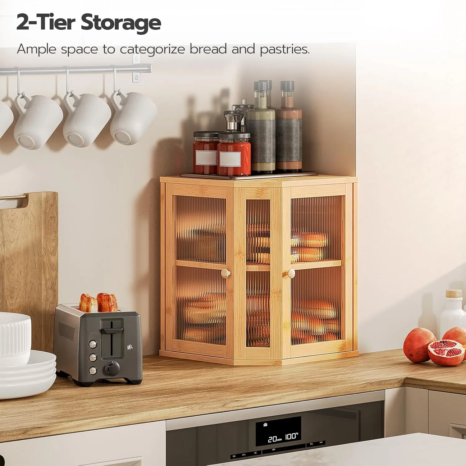 HOOBRO Bamboo Bread Box, Kitchen Countertop Corner Bread Box, Large Capacity 2-Tier Bread Box, Bread Storage Container with Dual Rippled Acrylic Doors, for Kitchen Food Storage, Natural YL12MB01 - Image 4