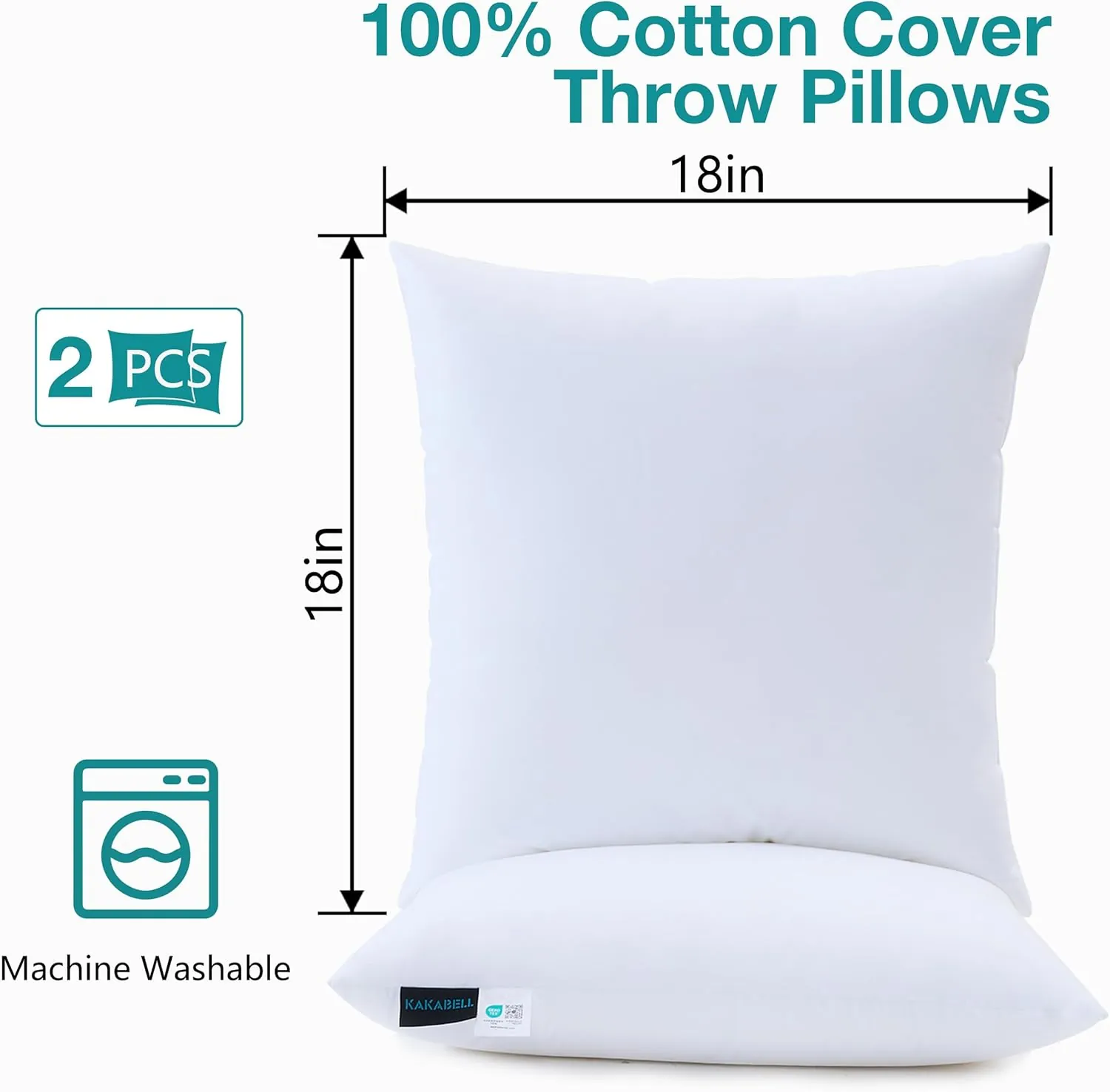 KAKABELL 18x18 Pillows Insert,Throw Pillows Insert (Pack of 2, White), 100% Cotton Cover, Down Alternative Bed and Couch Pillows, Luxury Soft and Cozy Indoor and Outdoor Decorative Pillows - Image 2