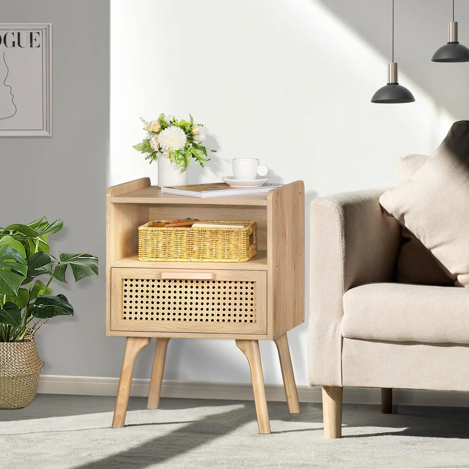 Lerliuo Rattan Nightstand, Boho Side Table with Drawer Open Shelf, Cane Accent Bedside End Table with Solid Wood Legs for Bedroom, Dorm and Small Spaces (Natural) - Image 3