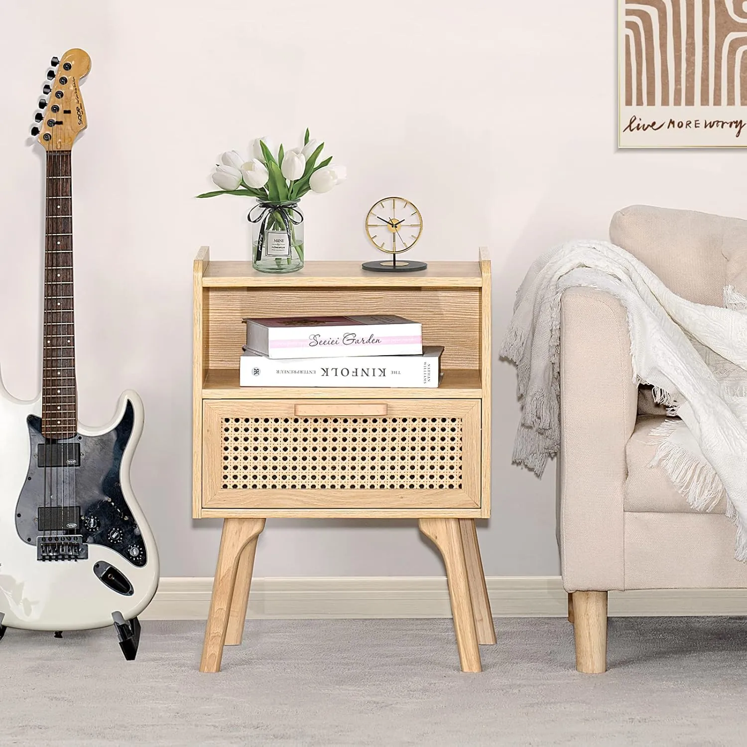 Lerliuo Rattan Nightstand, Boho Side Table with Drawer Open Shelf, Cane Accent Bedside End Table with Solid Wood Legs for Bedroom, Dorm and Small Spaces (Natural) - Image 4