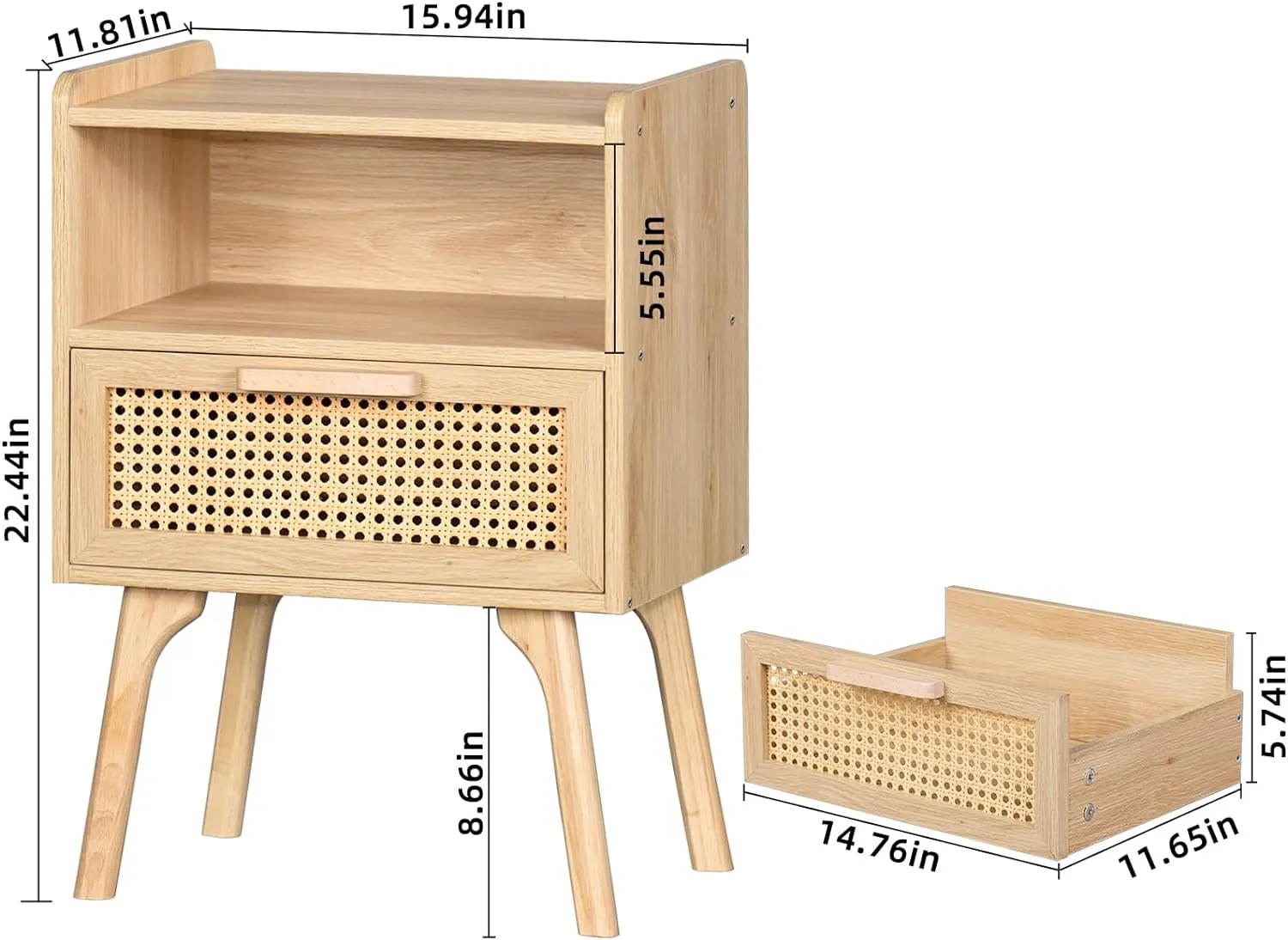 Lerliuo Rattan Nightstand, Boho Side Table with Drawer Open Shelf, Cane Accent Bedside End Table with Solid Wood Legs for Bedroom, Dorm and Small Spaces (Natural) - Image 5