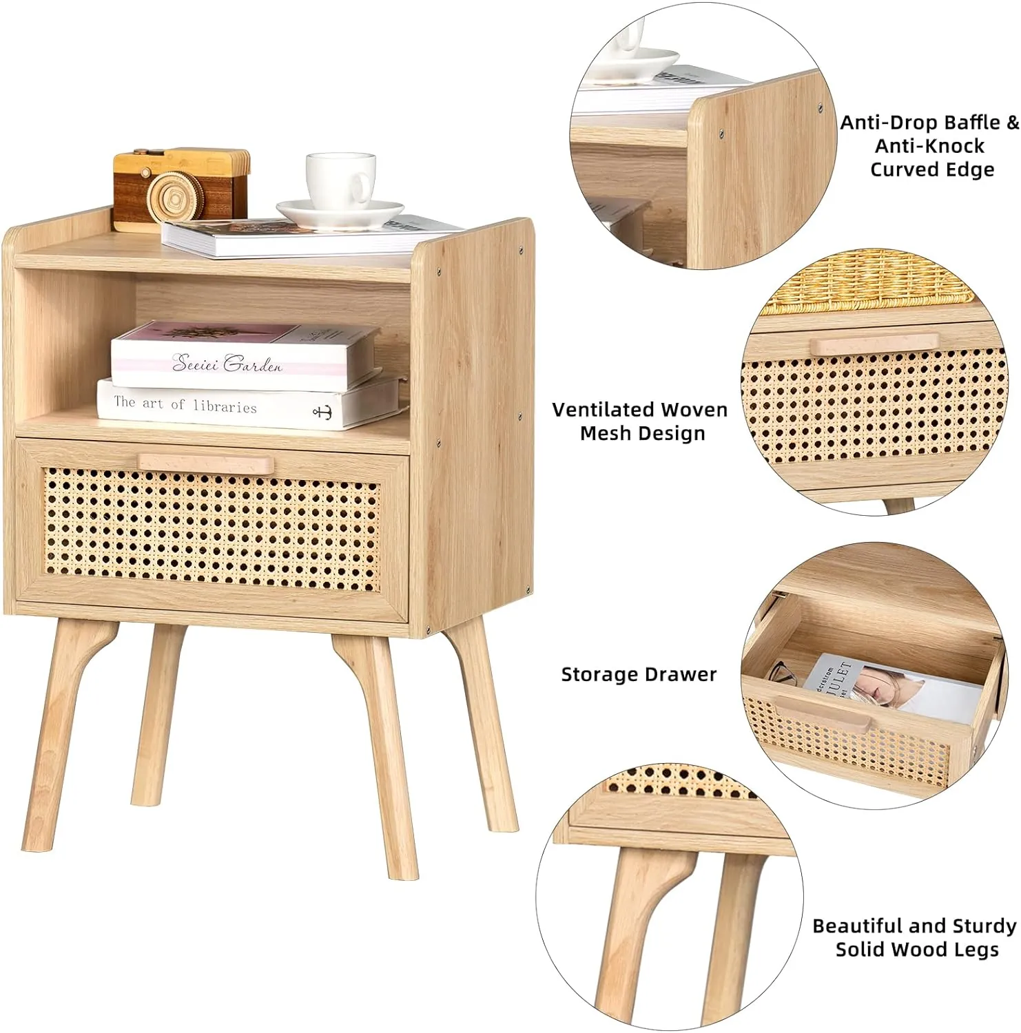 Lerliuo Rattan Nightstand, Boho Side Table with Drawer Open Shelf, Cane Accent Bedside End Table with Solid Wood Legs for Bedroom, Dorm and Small Spaces (Natural) - Image 6