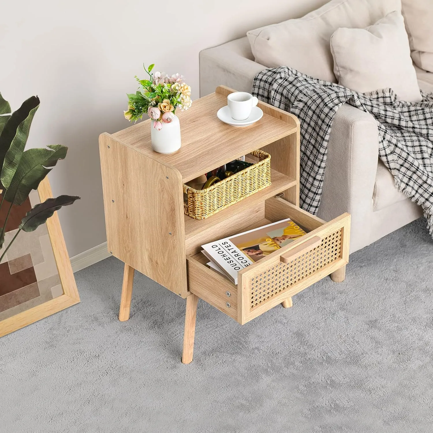 Lerliuo Rattan Nightstand, Boho Side Table with Drawer Open Shelf, Cane Accent Bedside End Table with Solid Wood Legs for Bedroom, Dorm and Small Spaces (Natural) - Image 7