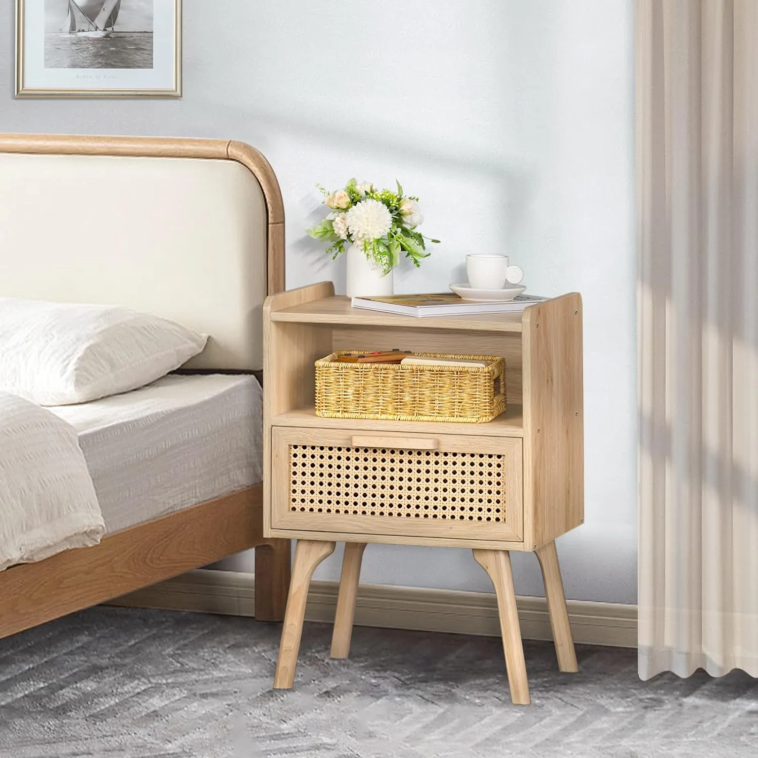 Lerliuo Rattan Nightstand, Boho Side Table with Drawer Open Shelf, Cane Accent Bedside End Table with Solid Wood Legs for Bedroom, Dorm and Small Spaces (Natural) - Image 8