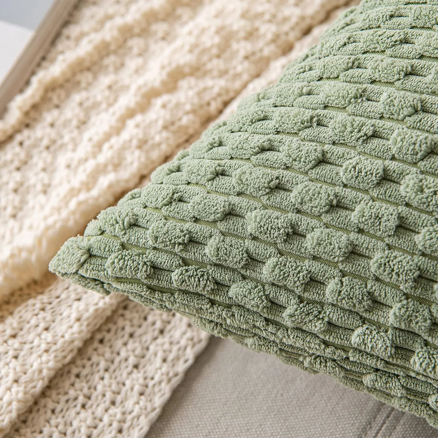 MIULEE Throw Pillow Covers Soft Corduroy Decorative Set of 2 Boho Striped Pillow Covers Pillowcases Farmhouse Home Decor for Couch Bed Sofa Living Room Spring 18x18 Inch Sage Green - Image 2