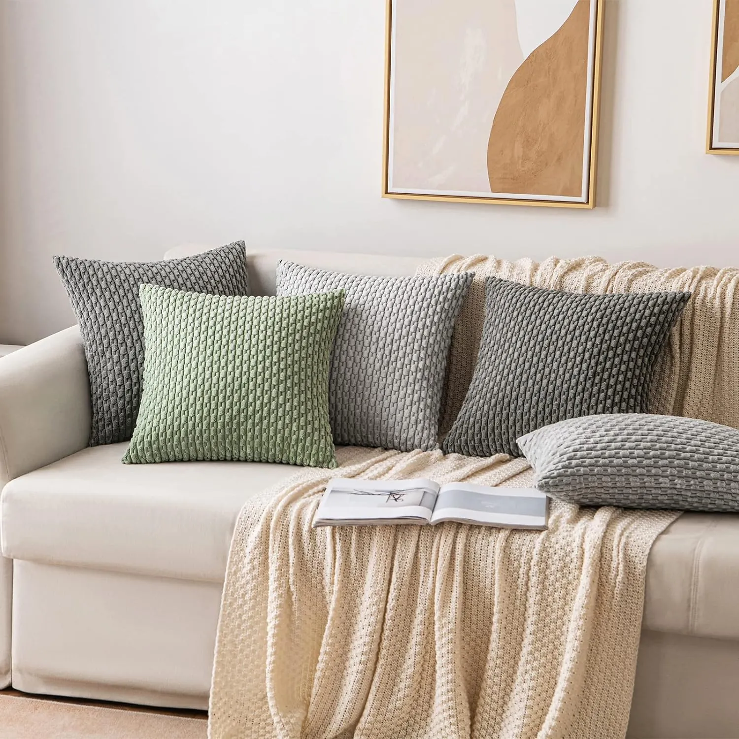 MIULEE Throw Pillow Covers Soft Corduroy Decorative Set of 2 Boho Striped Pillow Covers Pillowcases Farmhouse Home Decor for Couch Bed Sofa Living Room Spring 18x18 Inch Sage Green - Image 4