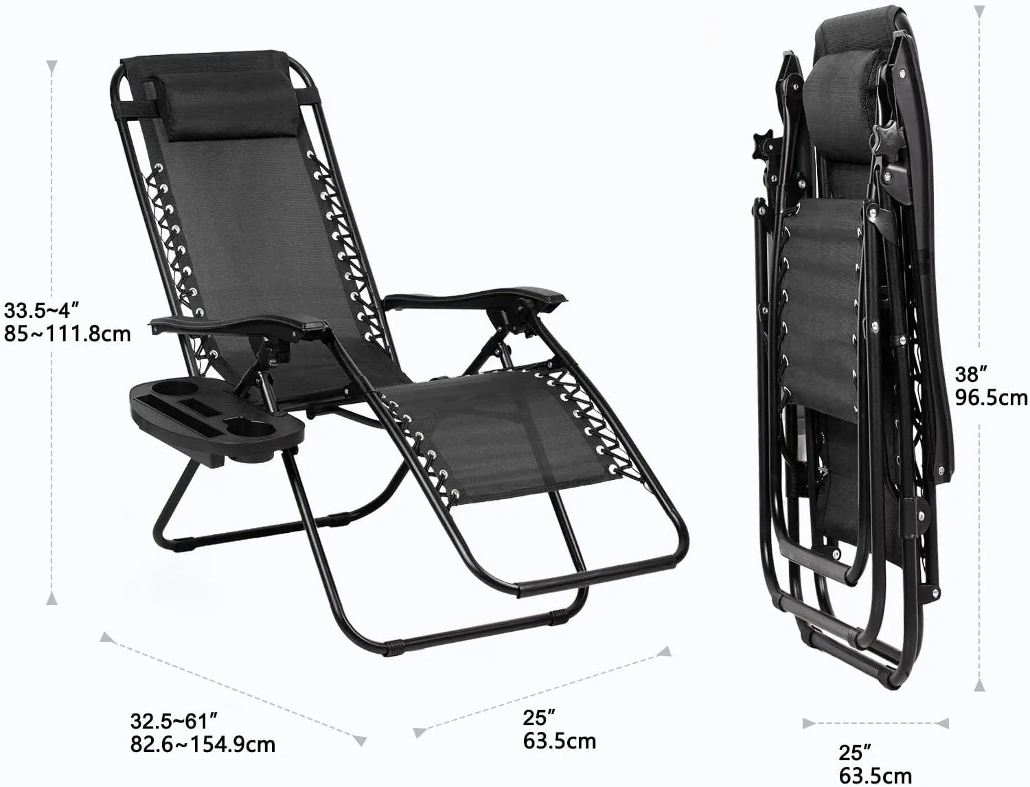 Nazhura Set of 2 Relaxing Recliners Patio Chairs Adjustable Steel Mesh Zero Gravity Lounge Chair Beach Chairs with Pillow and Cup Holder Black - Image 2