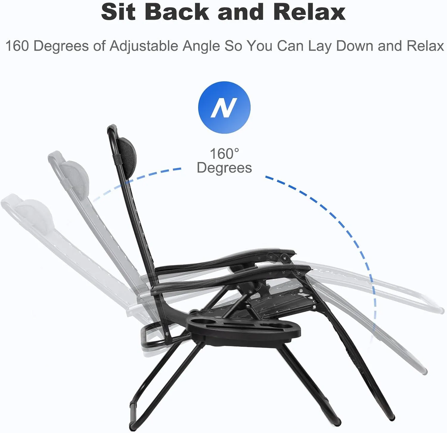Nazhura Set of 2 Relaxing Recliners Patio Chairs Adjustable Steel Mesh Zero Gravity Lounge Chair Beach Chairs with Pillow and Cup Holder Black - Image 3