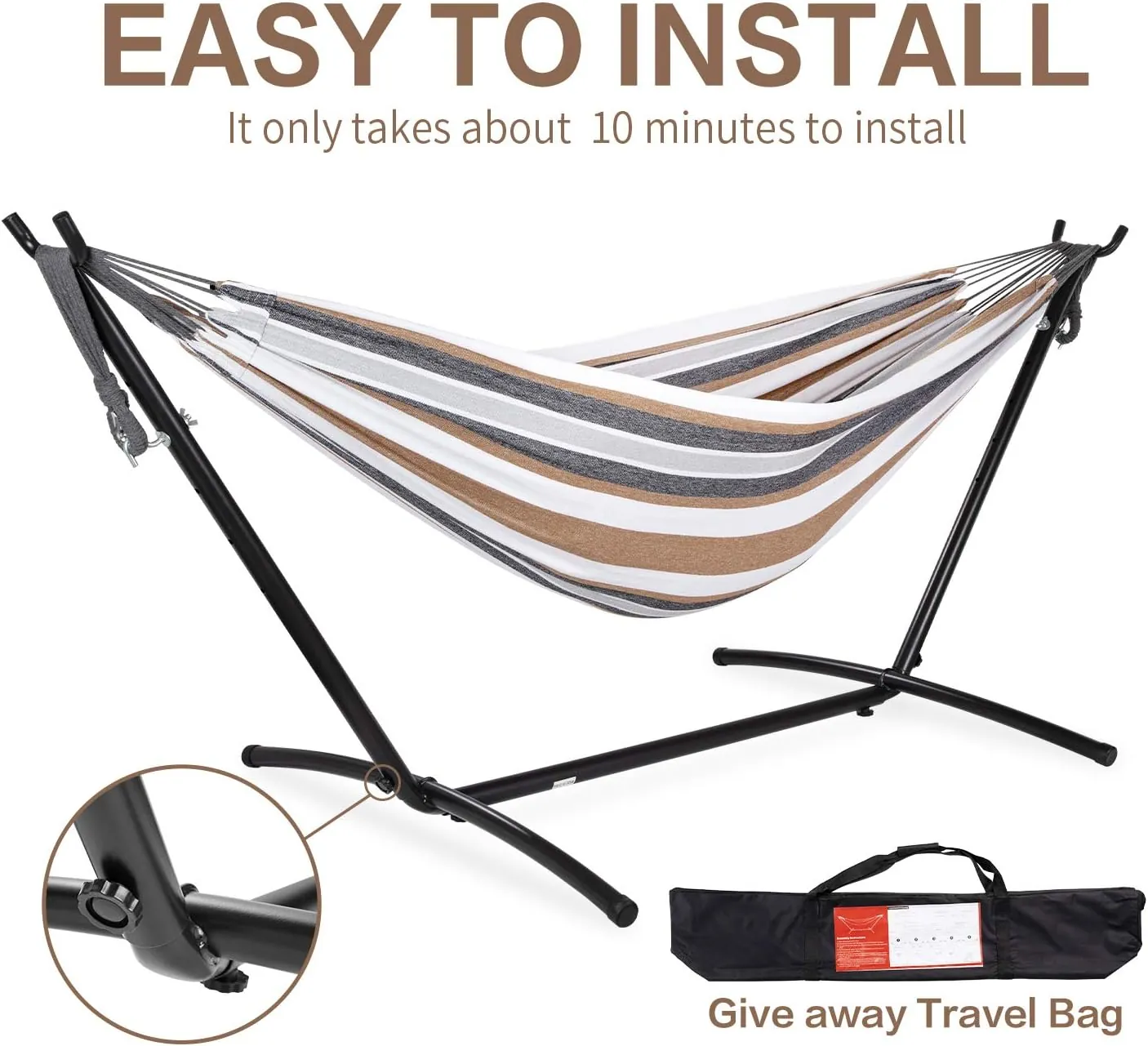 PNAEUT Double Hammock with Space Saving Steel Stand Included 2 Person Heavy Duty Outside Garden Yard Outdoor 450lb Capacity 2 People Standing Hammocks and Portable Carrying Bag (Coffee) - Image 6