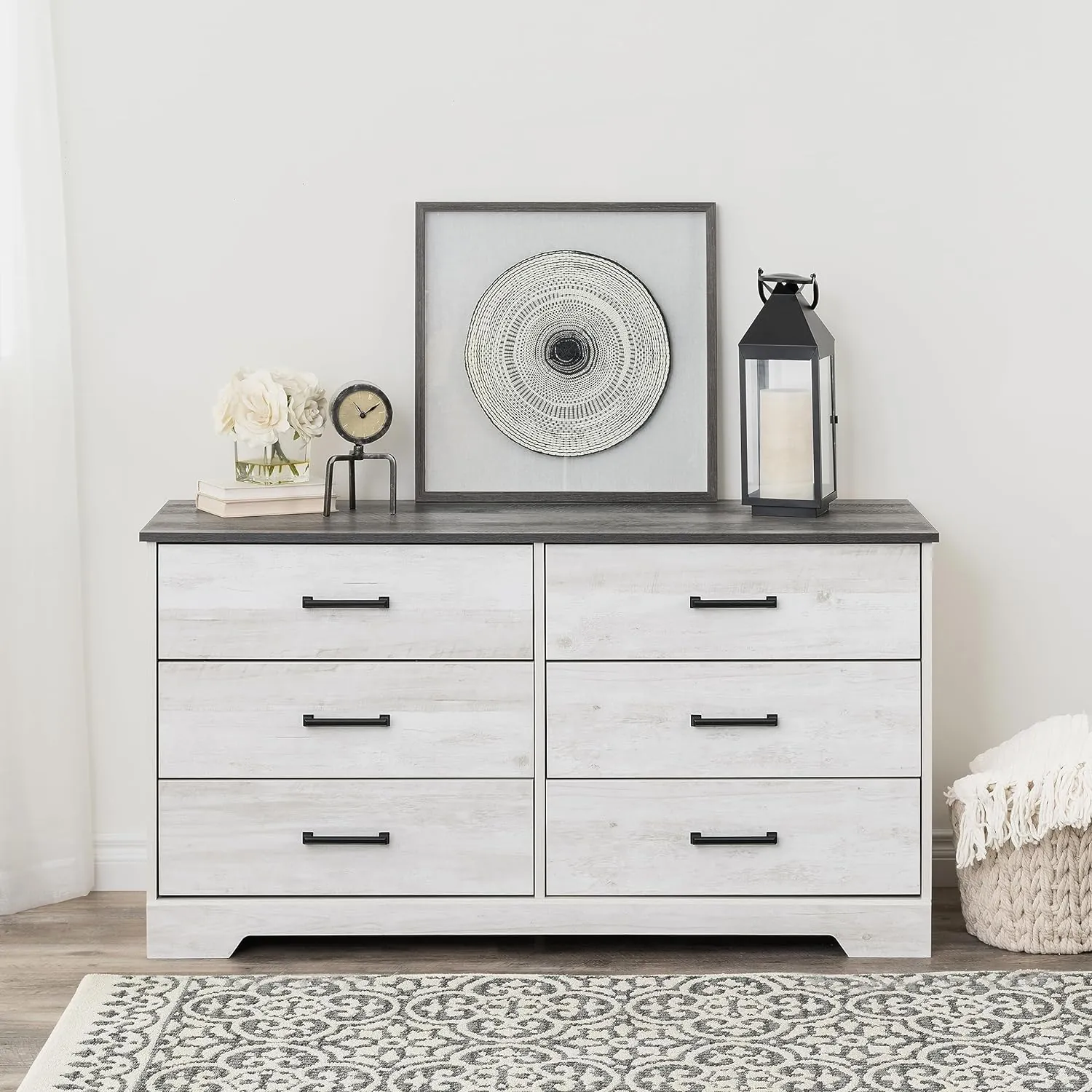 Prepac Rustic Ridge Farmhouse 6-Drawer Chest of Drawers for Bedroom, Wooden Bedroom Drawer Dresser with 6 Storage Drawers, 18.25in x 53.25in x 28.5in, Washed White, ADBR-1606-1 - Image 2