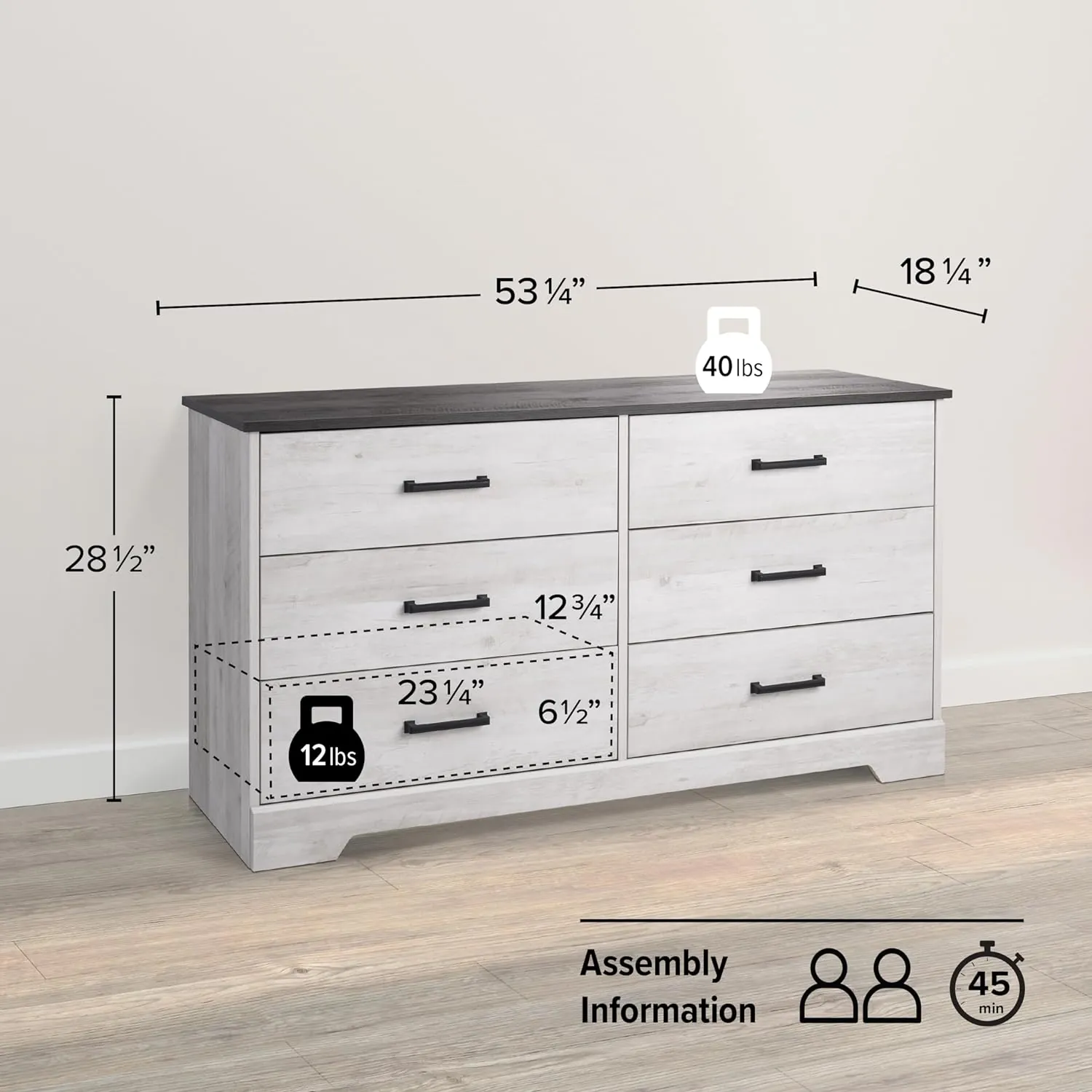Prepac Rustic Ridge Farmhouse 6-Drawer Chest of Drawers for Bedroom, Wooden Bedroom Drawer Dresser with 6 Storage Drawers, 18.25in x 53.25in x 28.5in, Washed White, ADBR-1606-1 - Image 3