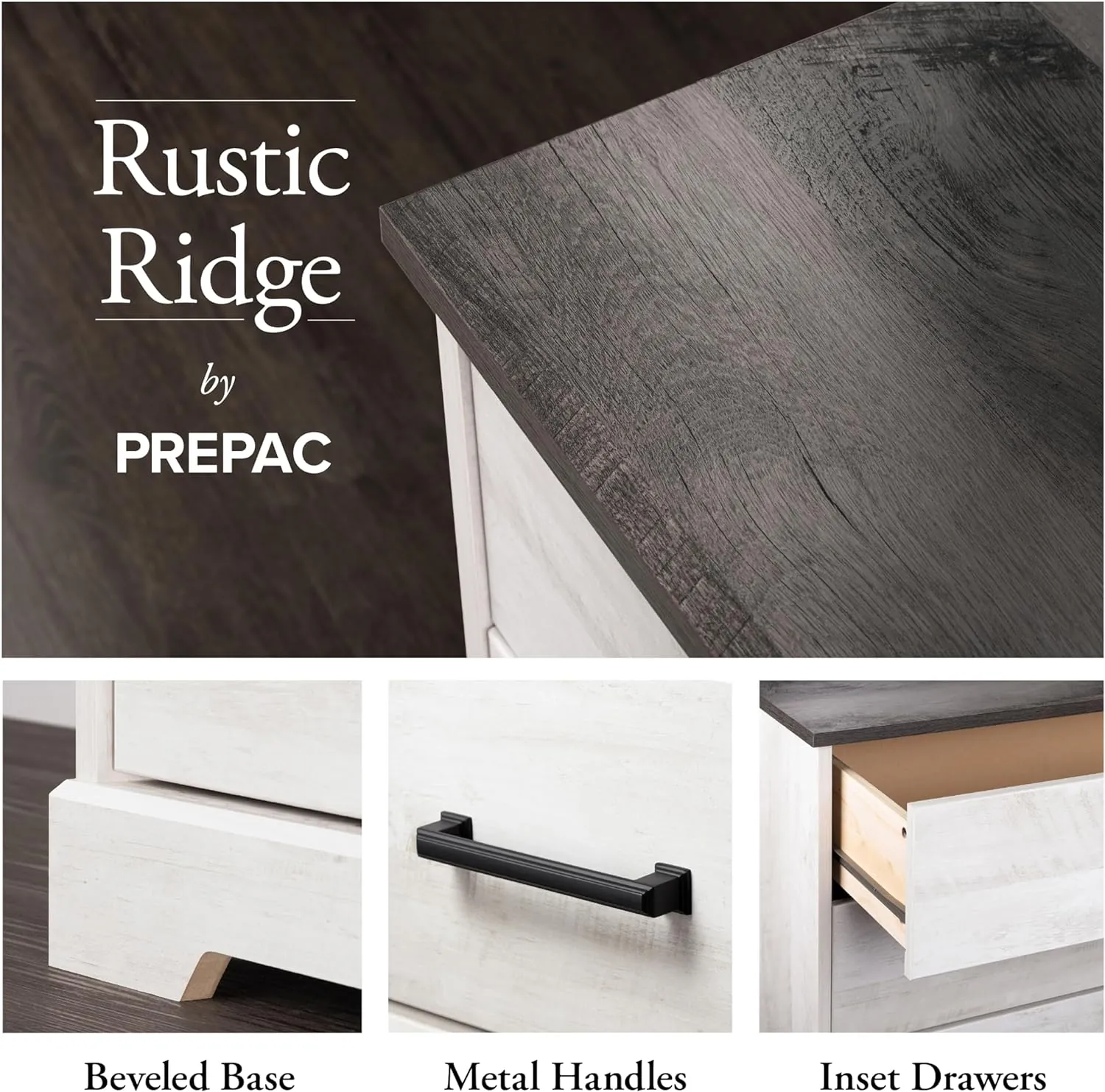 Prepac Rustic Ridge Farmhouse 6-Drawer Chest of Drawers for Bedroom, Wooden Bedroom Drawer Dresser with 6 Storage Drawers, 18.25in x 53.25in x 28.5in, Washed White, ADBR-1606-1 - Image 6