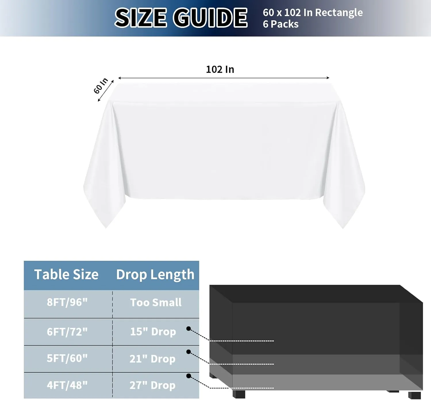 PureFit 6 Pack White Table Cloths 60 x 102 Inch, Stain and Wrinkle Resistant Table Linen for 6 Ft Rectangle Table, Polyester Table Covers for Dining Table, Wedding, Party, Banquet and Camping - Image 4