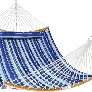 Quilted Fabric Hammock with Pillow 11 FT Double Hammock with Spreader Bar, Quilted Hammocks for Outside Heavy Duty 2 Person Hammock for Outdoor Garden Balcony, 440 Pound Capacity, Blue Stripe