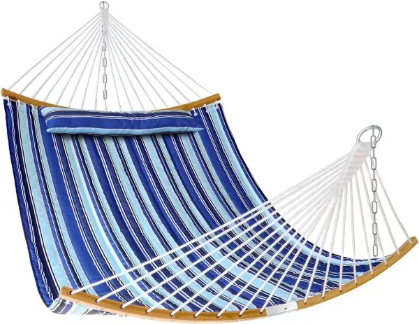 Quilted Fabric Hammock with Pillow 11 FT Double Hammock with Spreader Bar, Quilted Hammocks for Outside Heavy Duty 2 Person Hammock for Outdoor Garden Balcony, 440 Pound Capacity, Blue Stripe
