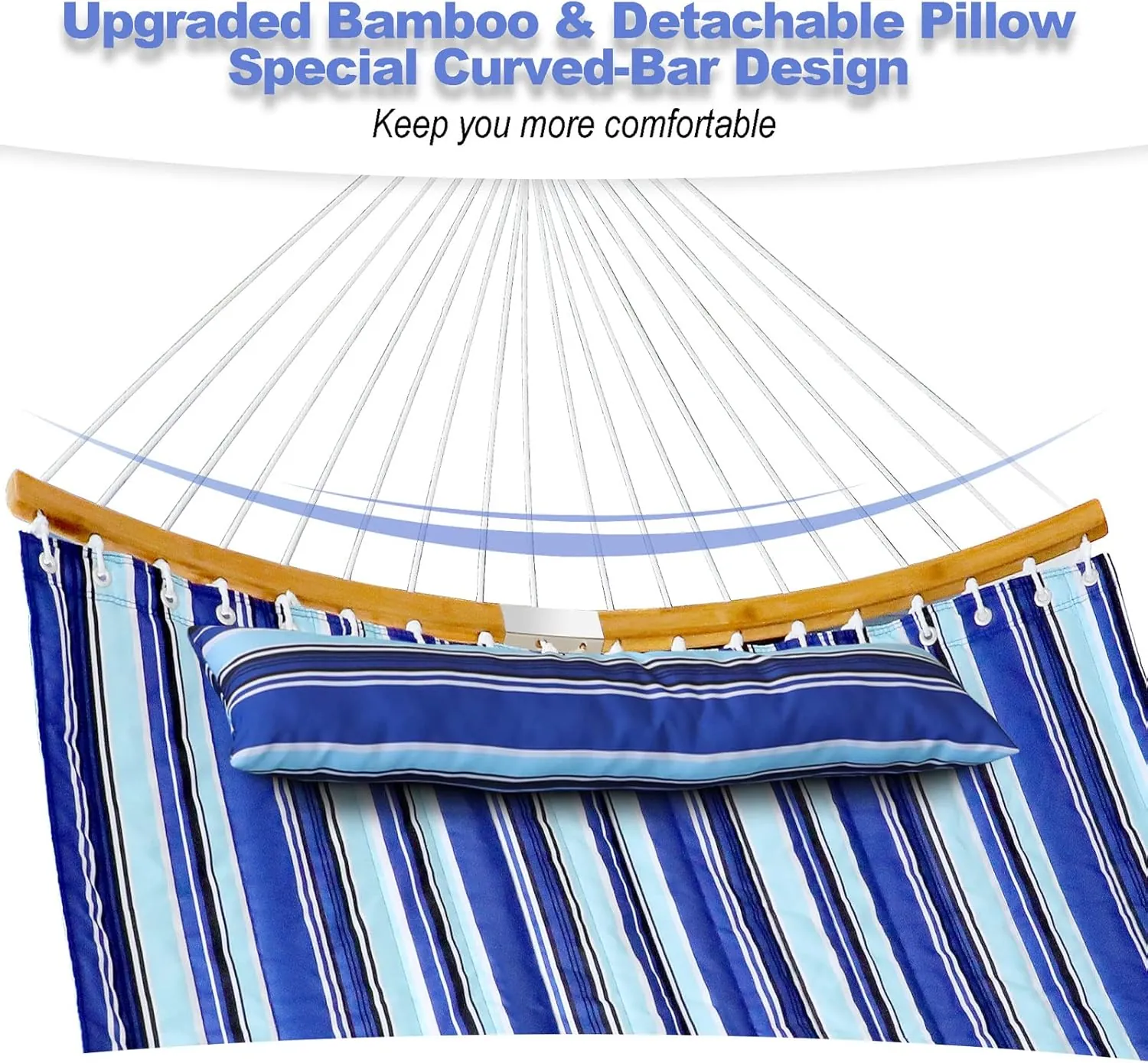 Quilted Fabric Hammock with Pillow 11 FT Double Hammock with Spreader Bar, Quilted Hammocks for Outside Heavy Duty 2 Person Hammock for Outdoor Garden Balcony, 440 Pound Capacity, Blue Stripe - Image 2