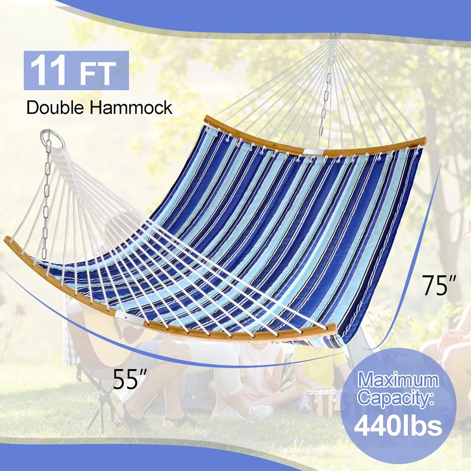 Quilted Fabric Hammock with Pillow 11 FT Double Hammock with Spreader Bar, Quilted Hammocks for Outside Heavy Duty 2 Person Hammock for Outdoor Garden Balcony, 440 Pound Capacity, Blue Stripe - Image 3