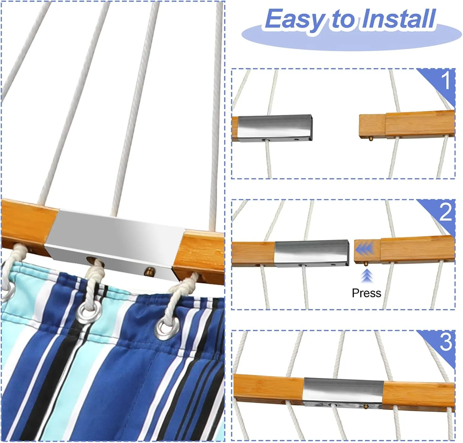 Quilted Fabric Hammock with Pillow 11 FT Double Hammock with Spreader Bar, Quilted Hammocks for Outside Heavy Duty 2 Person Hammock for Outdoor Garden Balcony, 440 Pound Capacity, Blue Stripe - Image 4