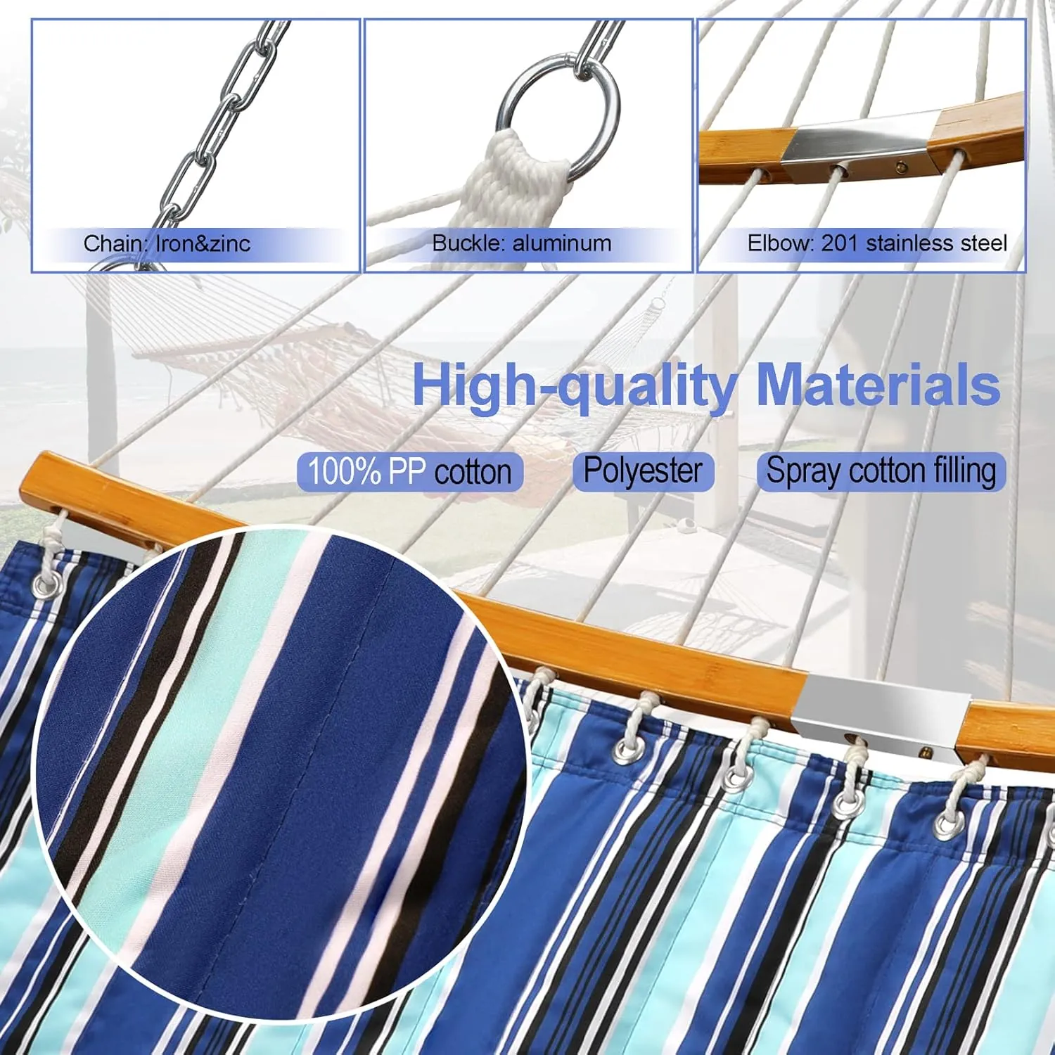 Quilted Fabric Hammock with Pillow 11 FT Double Hammock with Spreader Bar, Quilted Hammocks for Outside Heavy Duty 2 Person Hammock for Outdoor Garden Balcony, 440 Pound Capacity, Blue Stripe - Image 5