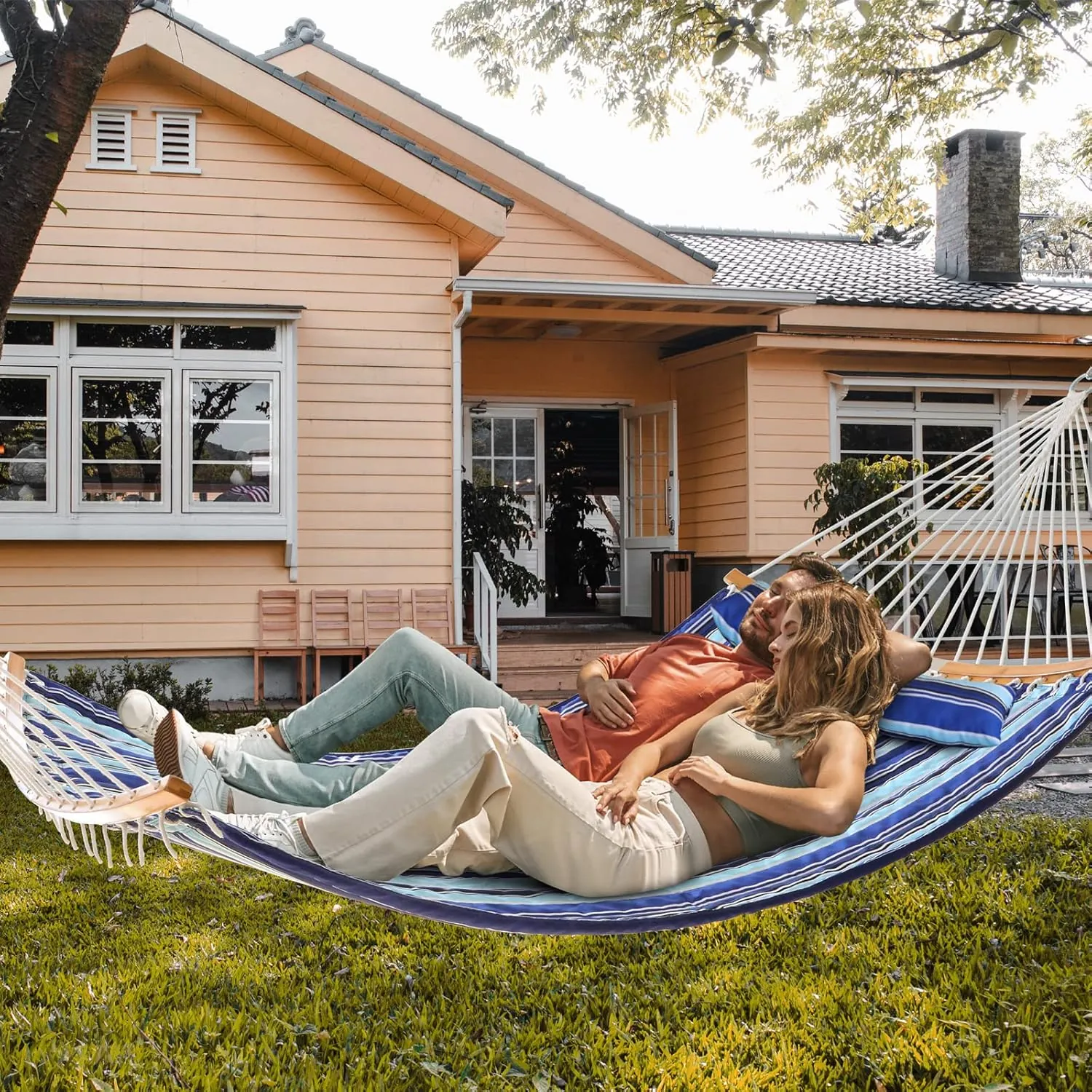 Quilted Fabric Hammock with Pillow 11 FT Double Hammock with Spreader Bar, Quilted Hammocks for Outside Heavy Duty 2 Person Hammock for Outdoor Garden Balcony, 440 Pound Capacity, Blue Stripe - Image 6