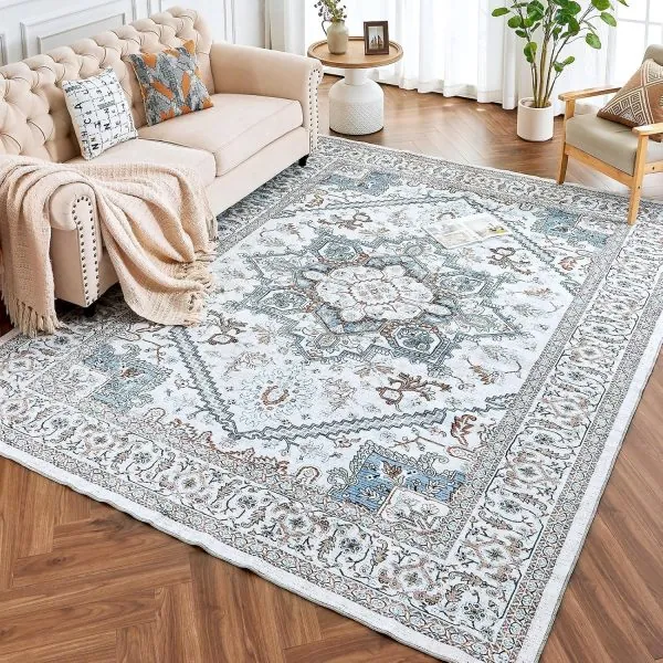 ROCYJULIN 5x7 Area Rugs for Living Room, Faux Wool Area Rugs 5x7 for Bedroom, Low-Pile 5x7 Area Rugs with Non-Slip TPR Backing, 5 x 7 Washable Carpet for High Traffic, Grey & Blue