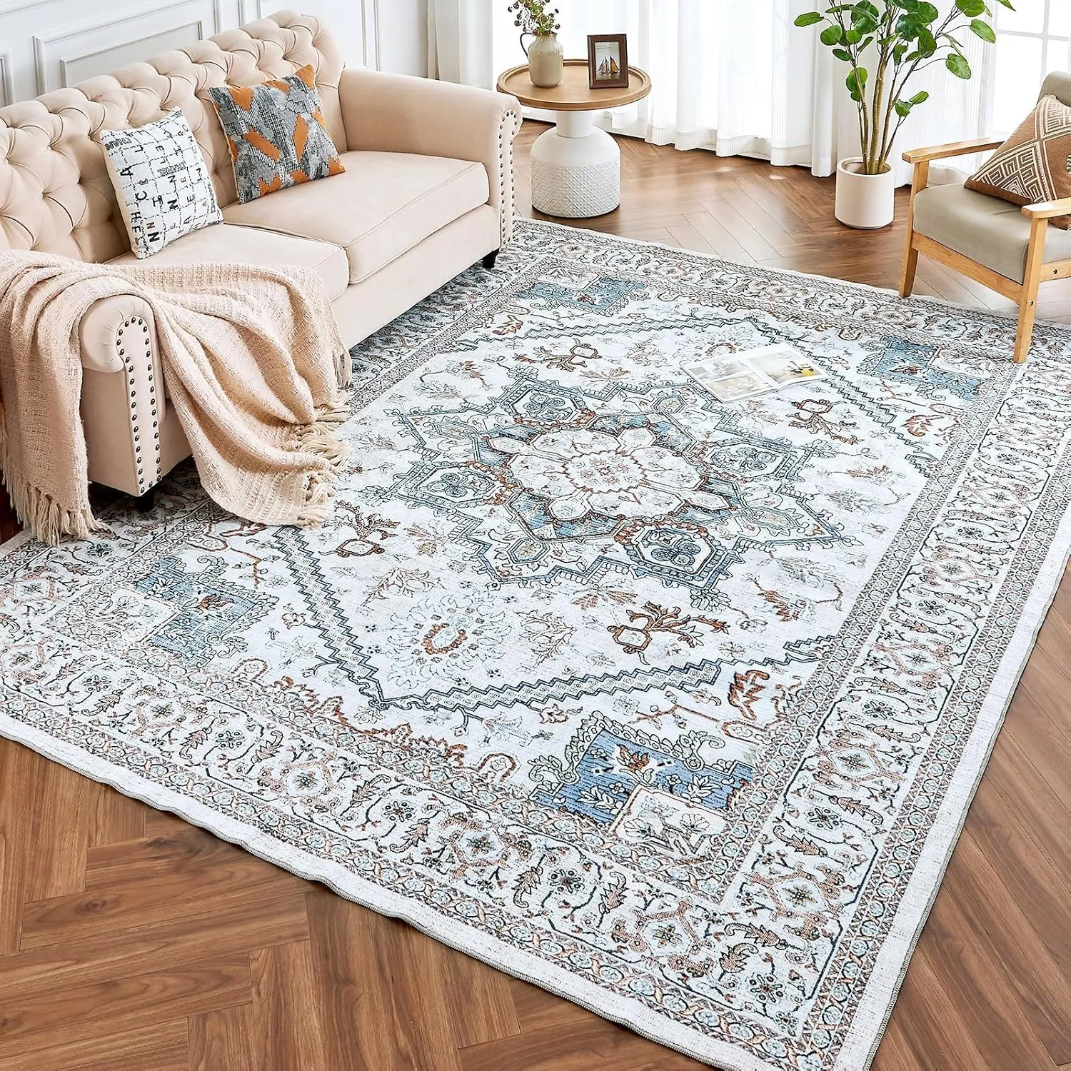 ROCYJULIN 5x7 Area Rugs for Living Room, Faux Wool Area Rugs 5x7 for Bedroom, Low-Pile 5x7 Area Rugs with Non-Slip TPR Backing, 5 x 7 Washable Carpet for High Traffic, Grey & Blue
