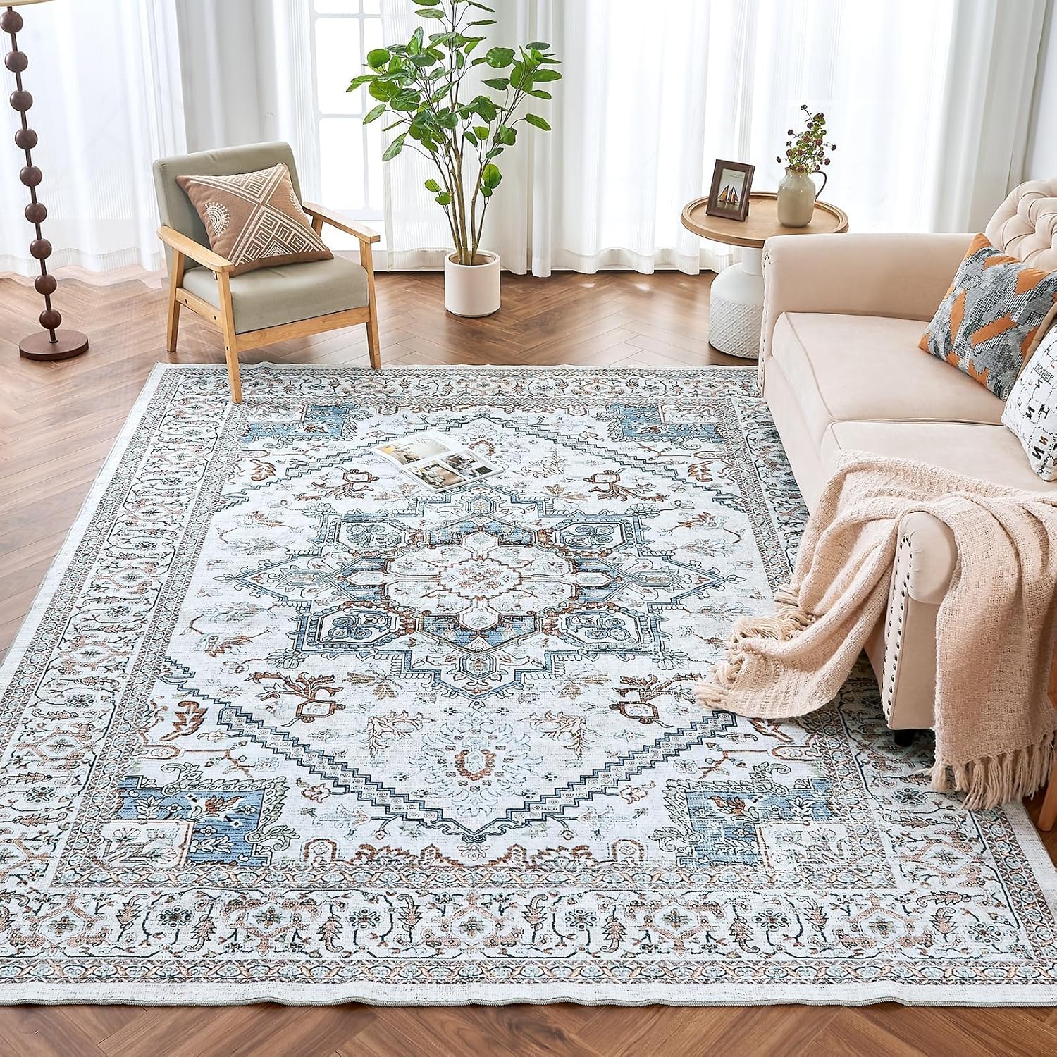 ROCYJULIN 5x7 Area Rugs for Living Room, Faux Wool Area Rugs 5x7 for Bedroom, Low-Pile 5x7 Area Rugs with Non-Slip TPR Backing, 5 x 7 Washable Carpet for High Traffic, Grey & Blue - Image 9