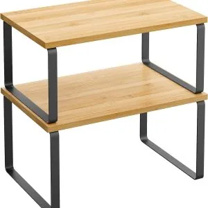 SONGMICS Cabinet Organizer Shelf, Set of 2 Kitchen Counter Shelves, Kitchen Storage, Spice Rack, Stackable, Expandable, Metal and Engineered Wood, Ink Black and Natural Beige UKCS02NB