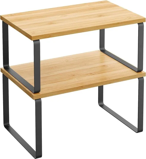 SONGMICS Cabinet Organizer Shelf, Set of 2 Kitchen Counter Shelves, Kitchen Storage, Spice Rack, Stackable, Expandable, Metal and Engineered Wood, Ink Black and Natural Beige UKCS02NB