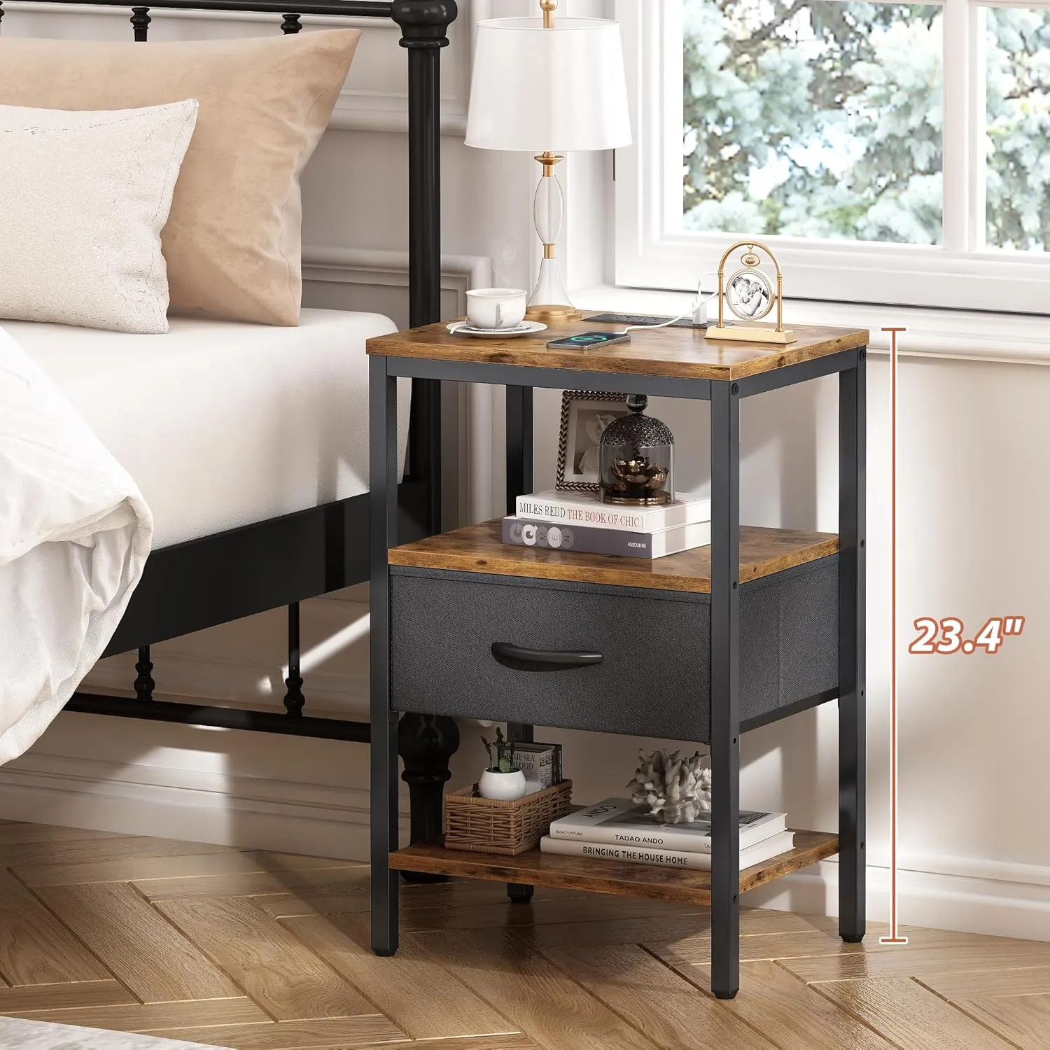 SUPERJARE Nightstand with Charging Station, Bed Side Table with Adjustable Fabric Drawer, Night Stand for Bedroom, 3-Tier Storage End Table, for Living Room, Rustic Brown and Black - Image 2