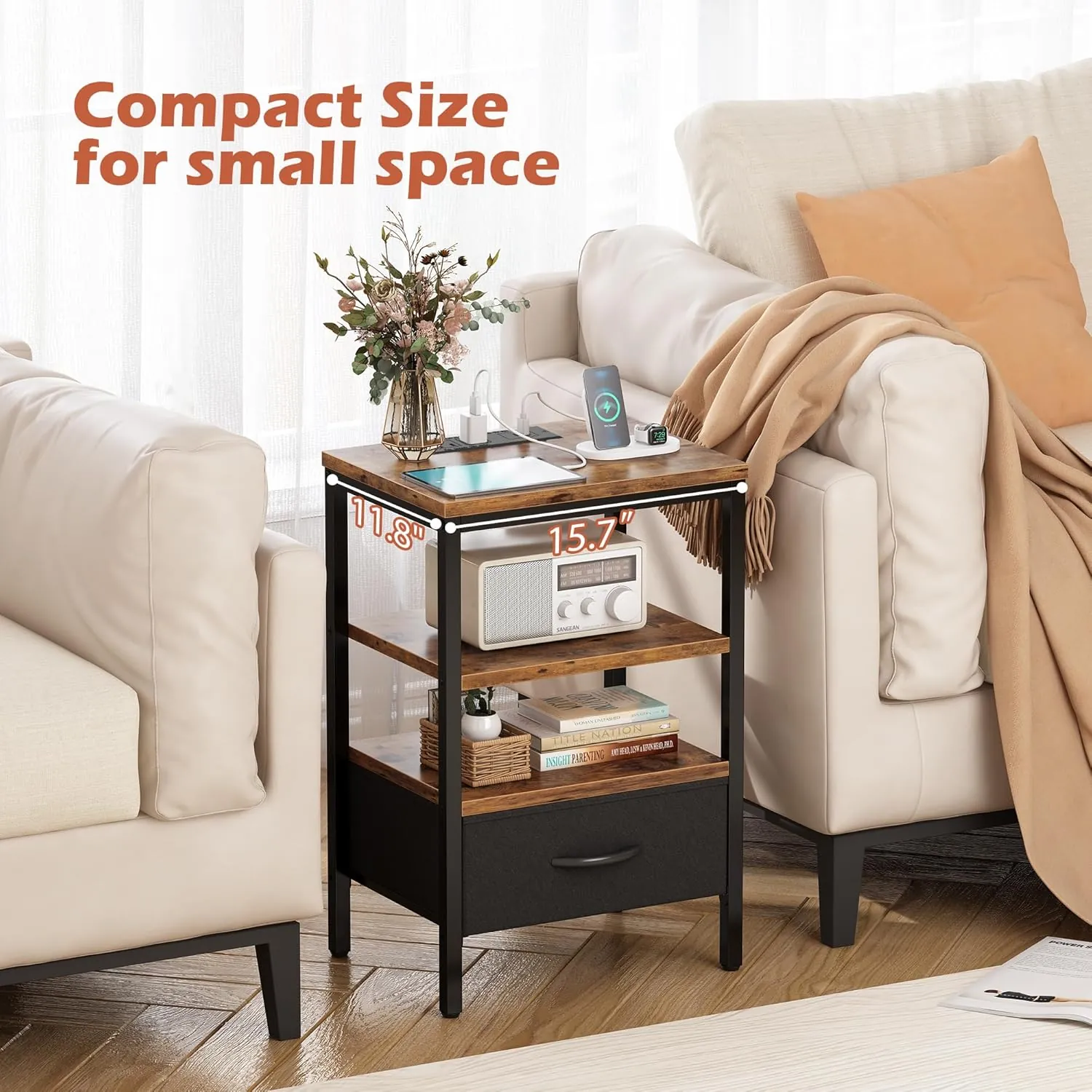 SUPERJARE Nightstand with Charging Station, Bed Side Table with Adjustable Fabric Drawer, Night Stand for Bedroom, 3-Tier Storage End Table, for Living Room, Rustic Brown and Black - Image 5