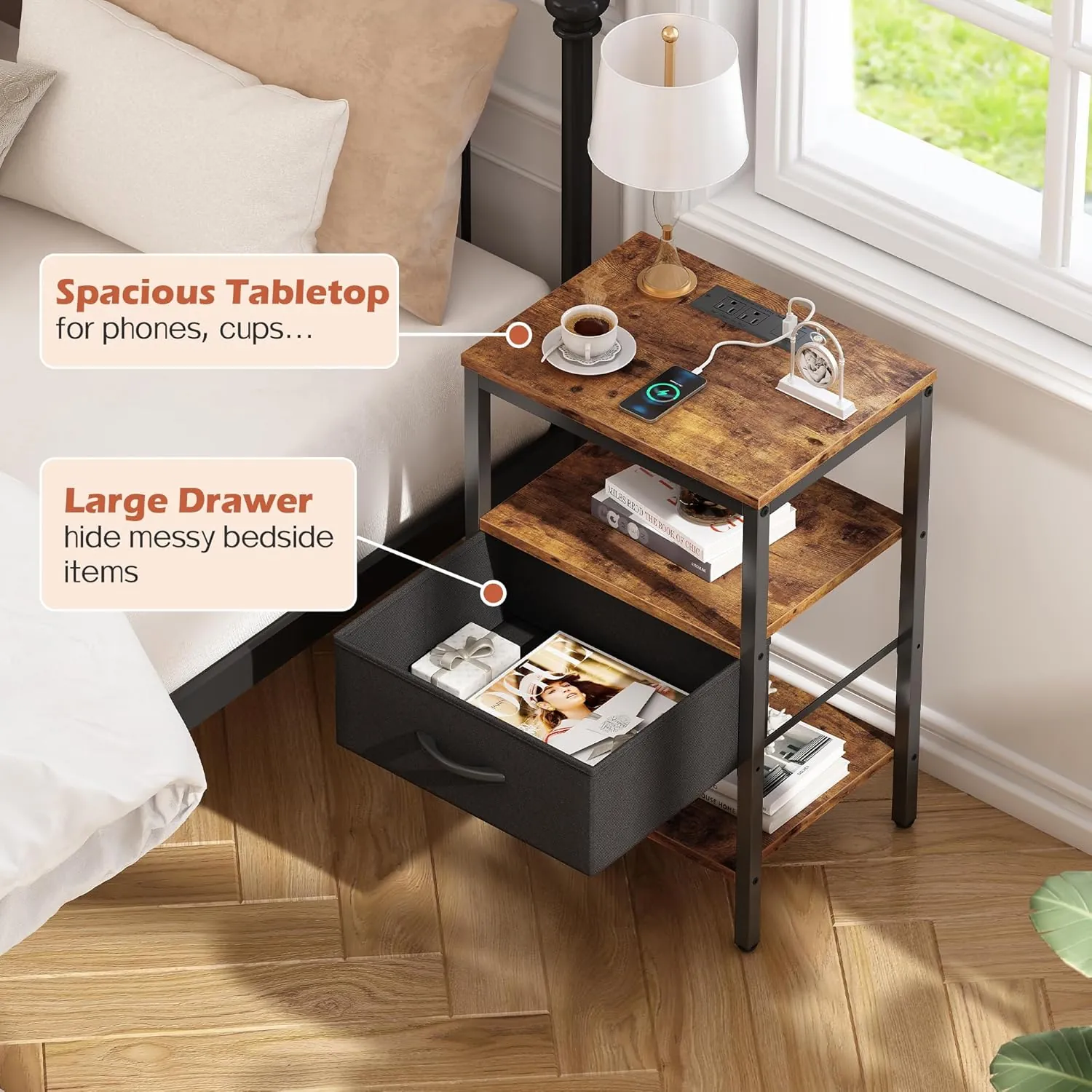 SUPERJARE Nightstand with Charging Station, Bed Side Table with Adjustable Fabric Drawer, Night Stand for Bedroom, 3-Tier Storage End Table, for Living Room, Rustic Brown and Black - Image 6