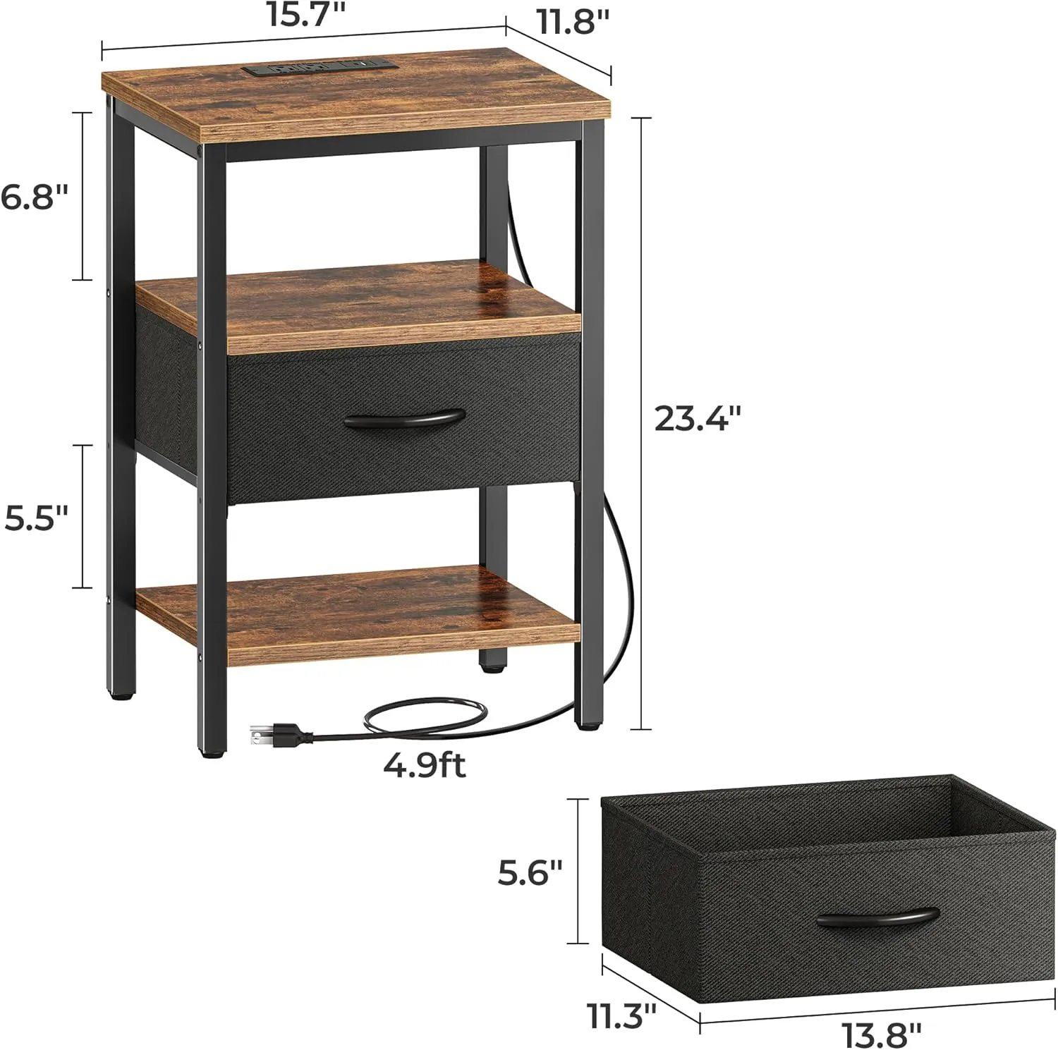 SUPERJARE Nightstand with Charging Station, Bed Side Table with Adjustable Fabric Drawer, Night Stand for Bedroom, 3-Tier Storage End Table, for Living Room, Rustic Brown and Black - Image 7