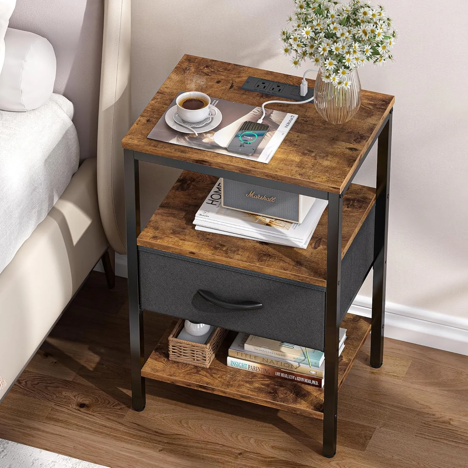 SUPERJARE Nightstand with Charging Station, Bed Side Table with Adjustable Fabric Drawer, Night Stand for Bedroom, 3-Tier Storage End Table, for Living Room, Rustic Brown and Black - Image 9