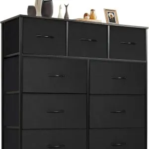Sweetcrispy Dresser for Bedroom with 9 Fabric Drawers, Tall Chest Organizer Units for Clothing, Closet, Storage Tower with Cabinet, Metal Frame, Wooden Top, Lightweight Nursery Furniture, Black
