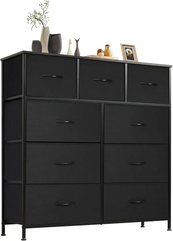 Sweetcrispy Dresser for Bedroom with 9 Fabric Drawers, Tall Chest Organizer Units for Clothing, Closet, Storage Tower with Cabinet, Metal Frame, Wooden Top, Lightweight Nursery Furniture, Black
