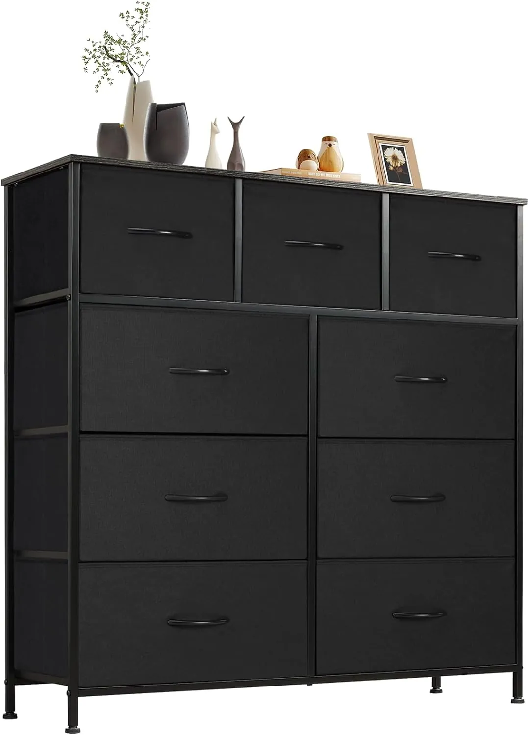 Sweetcrispy Dresser for Bedroom with 9 Fabric Drawers, Tall Chest Organizer Units for Clothing, Closet, Storage Tower with Cabinet, Metal Frame, Wooden Top, Lightweight Nursery Furniture, Black