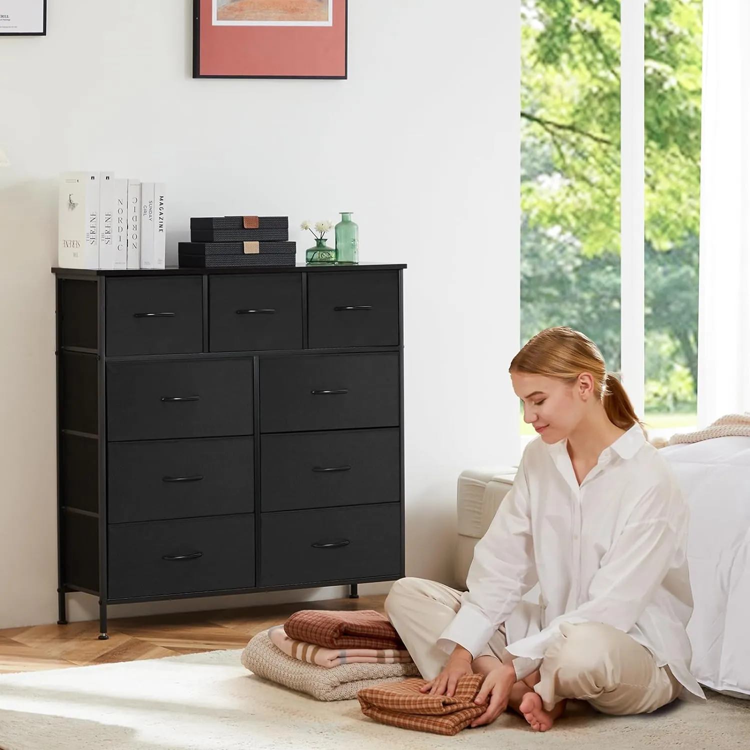 Sweetcrispy Dresser for Bedroom with 9 Fabric Drawers, Tall Chest Organizer Units for Clothing, Closet, Storage Tower with Cabinet, Metal Frame, Wooden Top, Lightweight Nursery Furniture, Black - Image 2