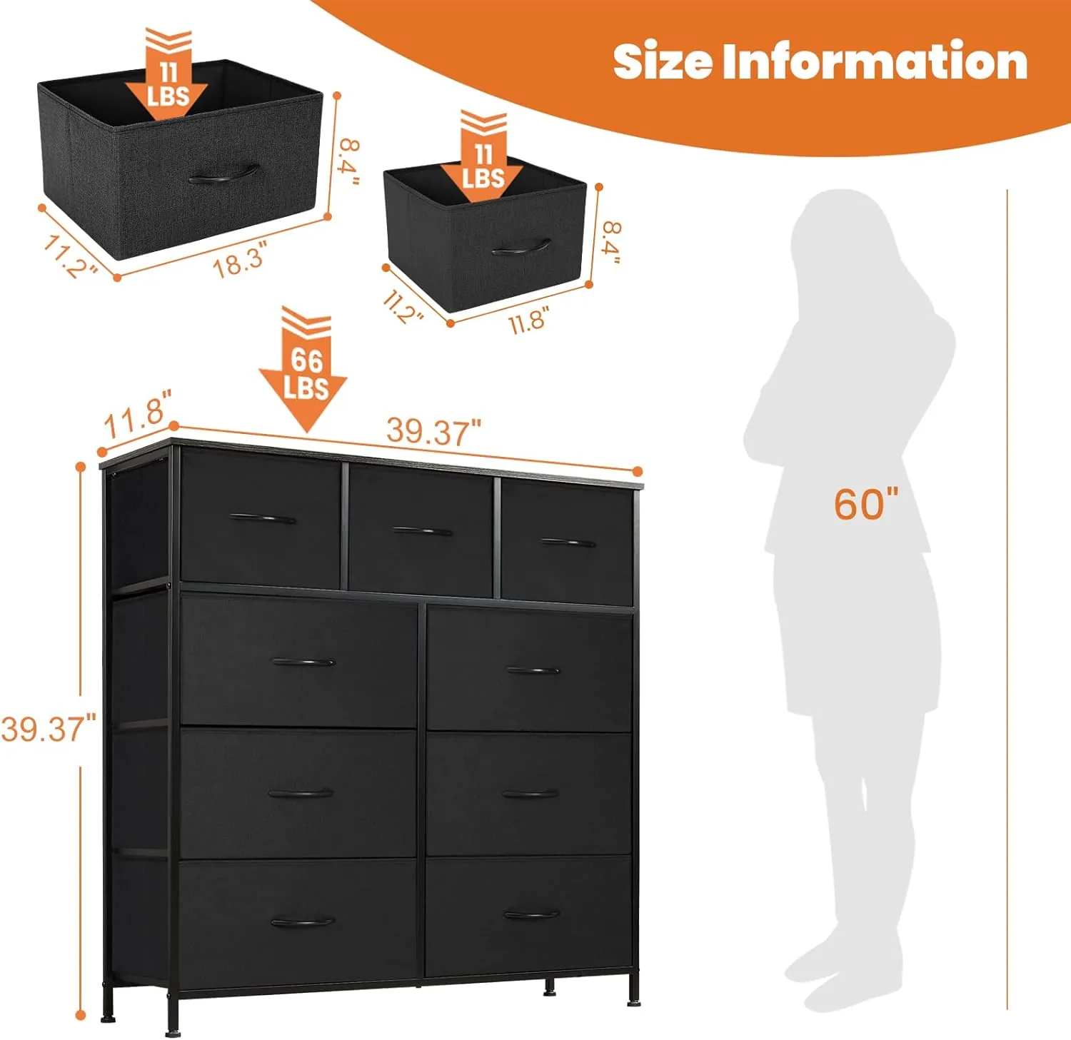 Sweetcrispy Dresser for Bedroom with 9 Fabric Drawers, Tall Chest Organizer Units for Clothing, Closet, Storage Tower with Cabinet, Metal Frame, Wooden Top, Lightweight Nursery Furniture, Black - Image 3