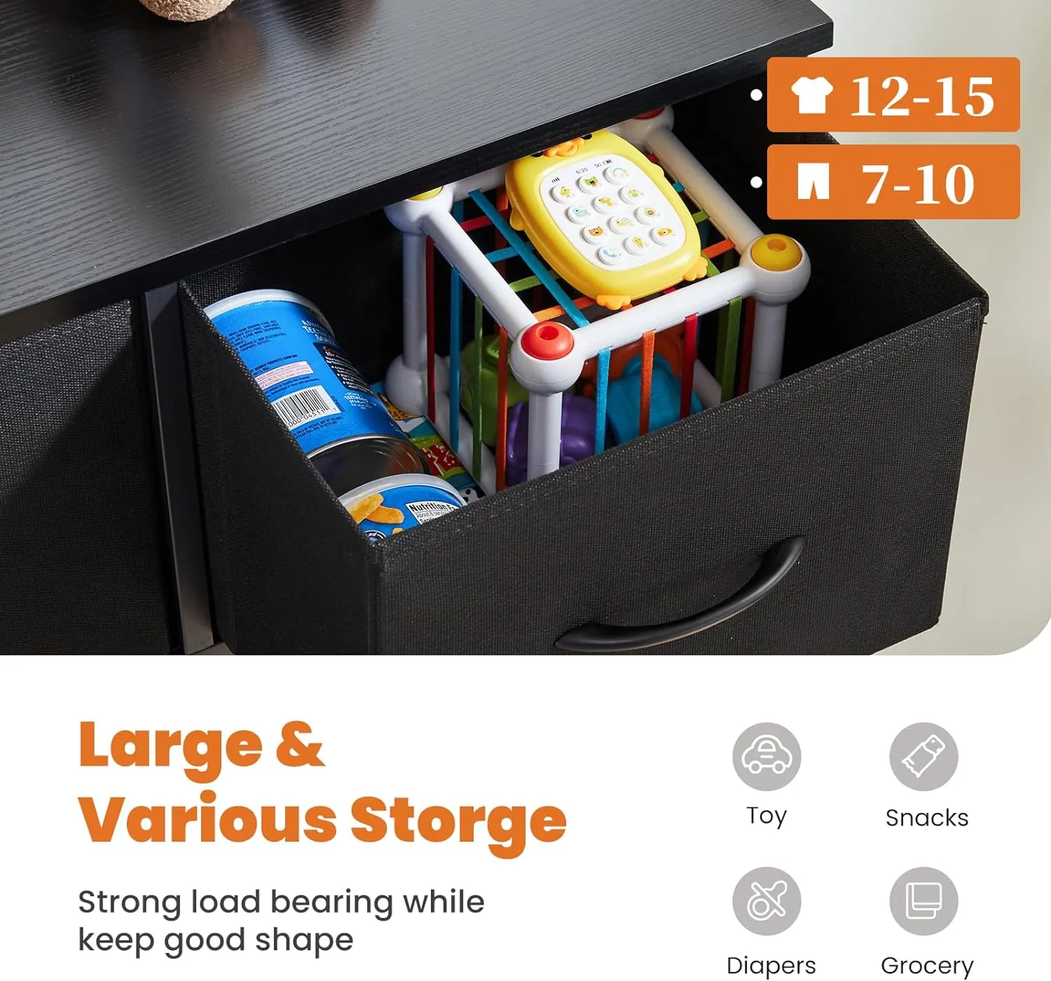 Sweetcrispy Dresser for Bedroom with 9 Fabric Drawers, Tall Chest Organizer Units for Clothing, Closet, Storage Tower with Cabinet, Metal Frame, Wooden Top, Lightweight Nursery Furniture, Black - Image 4
