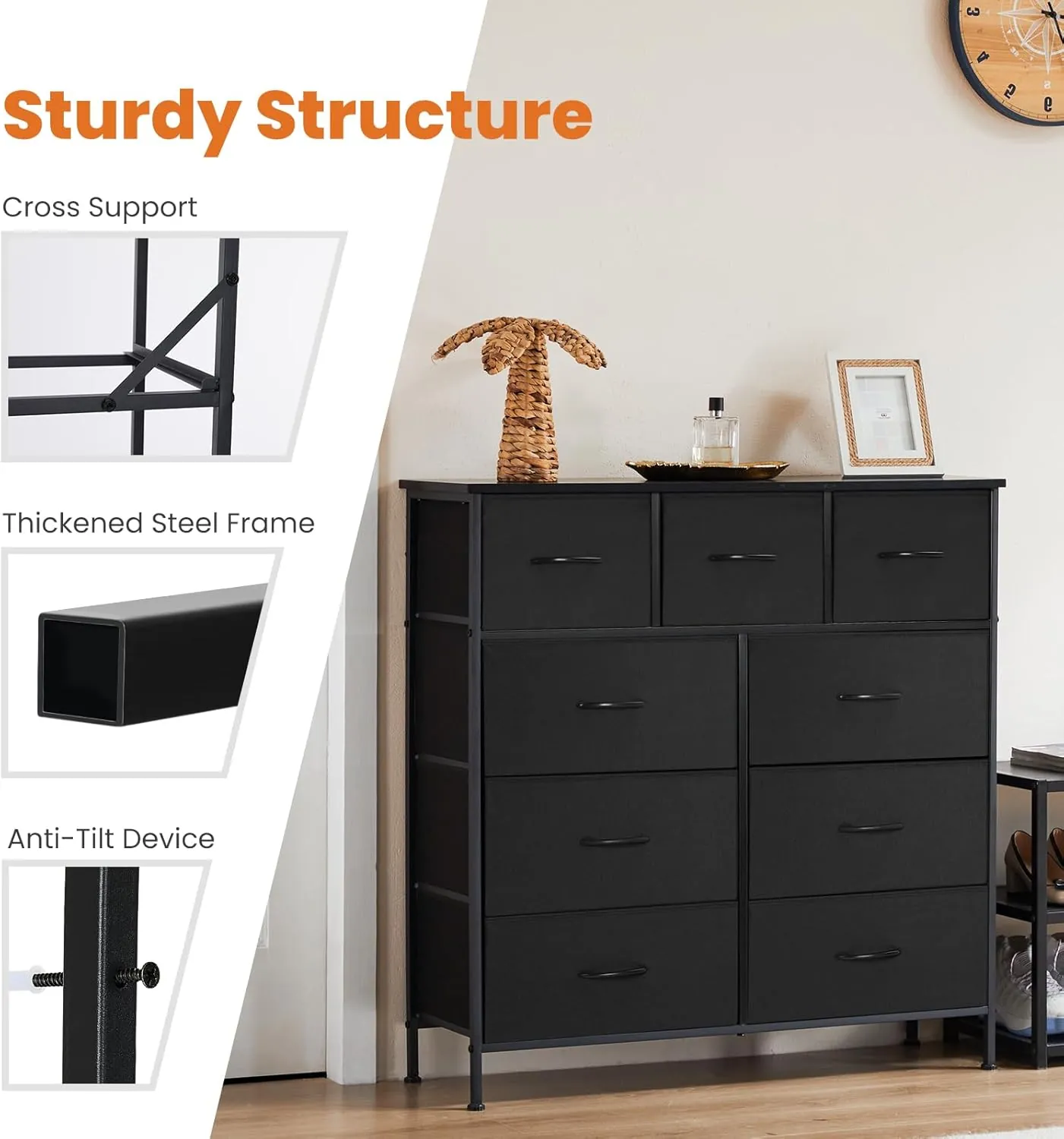 Sweetcrispy Dresser for Bedroom with 9 Fabric Drawers, Tall Chest Organizer Units for Clothing, Closet, Storage Tower with Cabinet, Metal Frame, Wooden Top, Lightweight Nursery Furniture, Black - Image 7