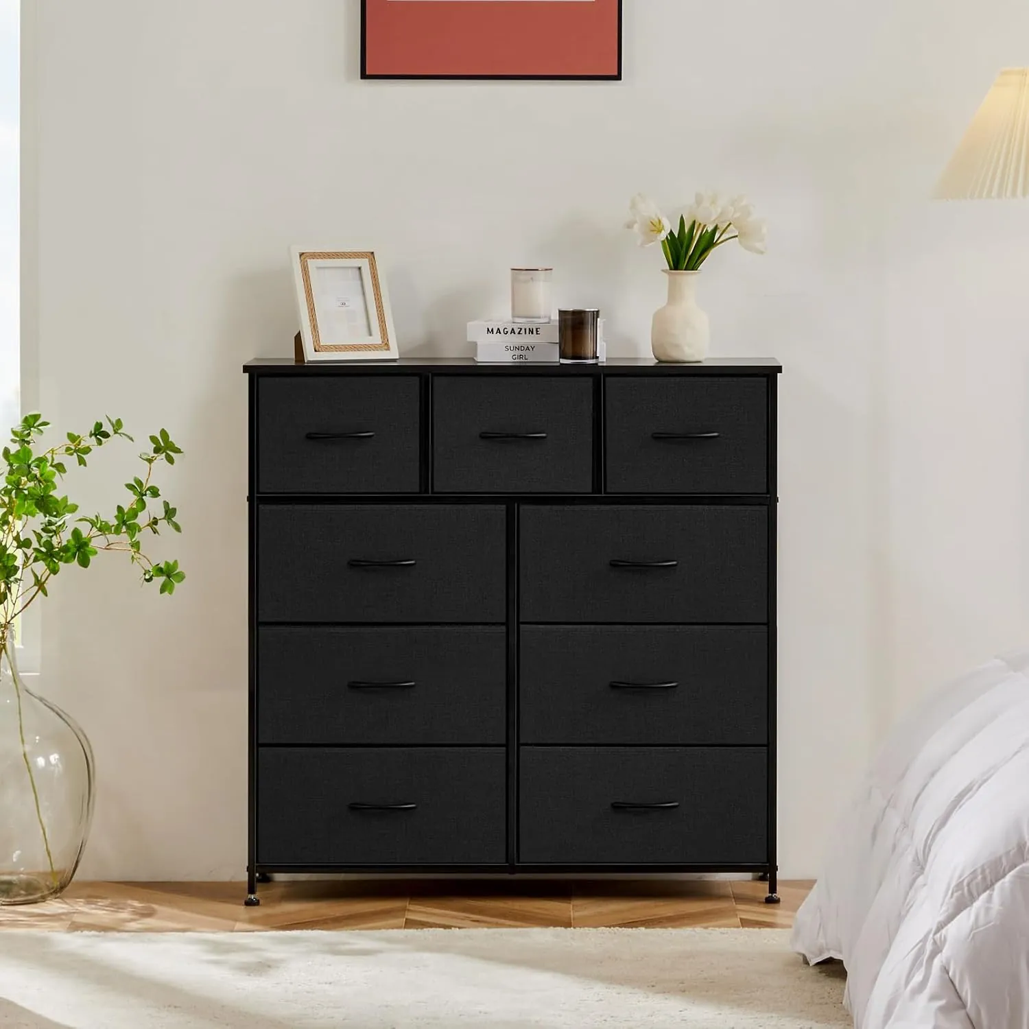 Sweetcrispy Dresser for Bedroom with 9 Fabric Drawers, Tall Chest Organizer Units for Clothing, Closet, Storage Tower with Cabinet, Metal Frame, Wooden Top, Lightweight Nursery Furniture, Black - Image 8