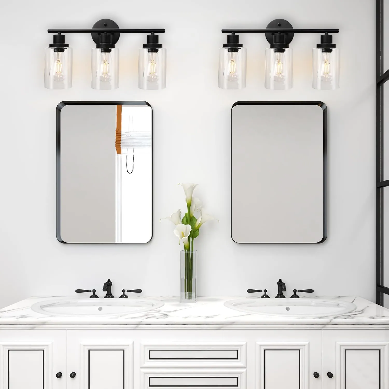 Unicozin Modern Bathroom Light Fixtures, 3 Light Vanity Lights, Black Wall Lamp with Clear Glass for Bathroom, Mirror, Living Room, Bedroom, Hallway, E26 Base - Image 7