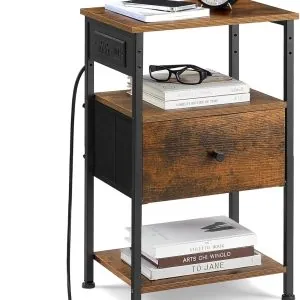 VASAGLE Nightstand with Charging Station, Night Stand, Side Table with 1 Drawer and 2 Open Shelves, Fabric Drawers with MDF Front, End Table, Rustic Brown and Classic Black ULGS026K01
