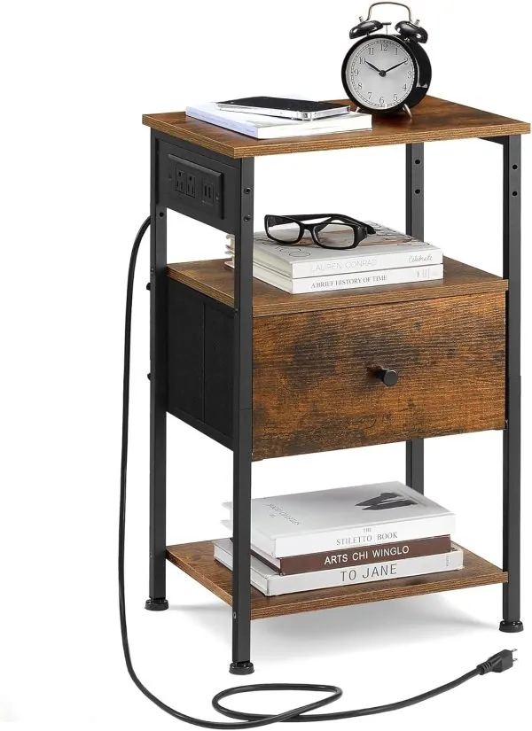 VASAGLE Nightstand with Charging Station, Night Stand, Side Table with 1 Drawer and 2 Open Shelves, Fabric Drawers with MDF Front, End Table, Rustic Brown and Classic Black ULGS026K01