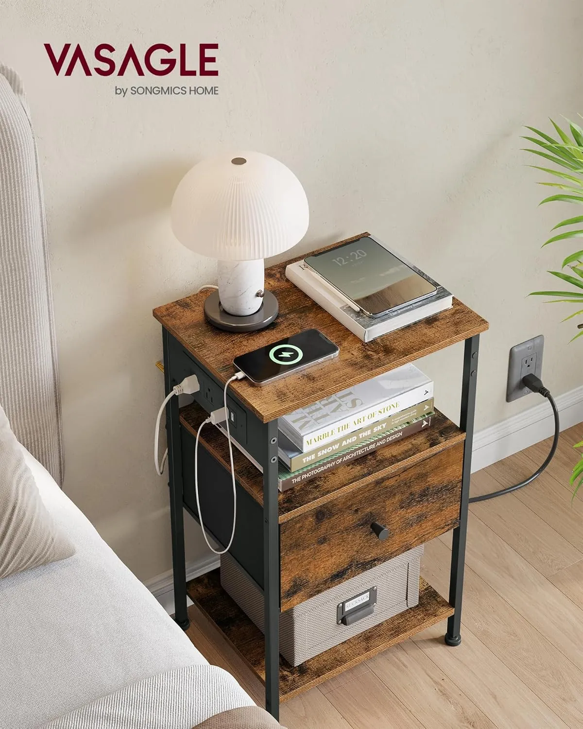 VASAGLE Nightstand with Charging Station, Night Stand, Side Table with 1 Drawer and 2 Open Shelves, Fabric Drawers with MDF Front, End Table, Rustic Brown and Classic Black ULGS026K01 - Image 2