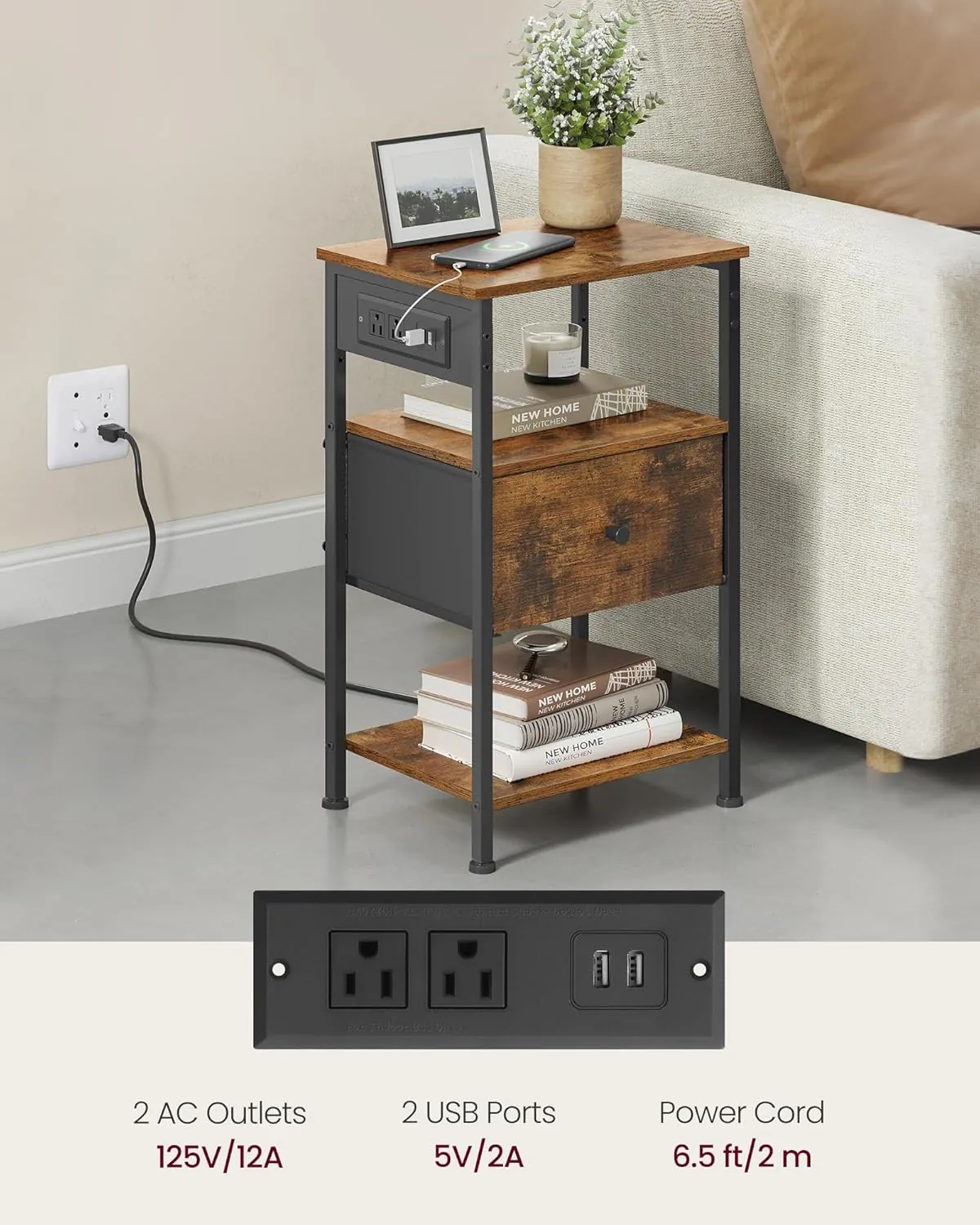 VASAGLE Nightstand with Charging Station, Night Stand, Side Table with 1 Drawer and 2 Open Shelves, Fabric Drawers with MDF Front, End Table, Rustic Brown and Classic Black ULGS026K01 - Image 3