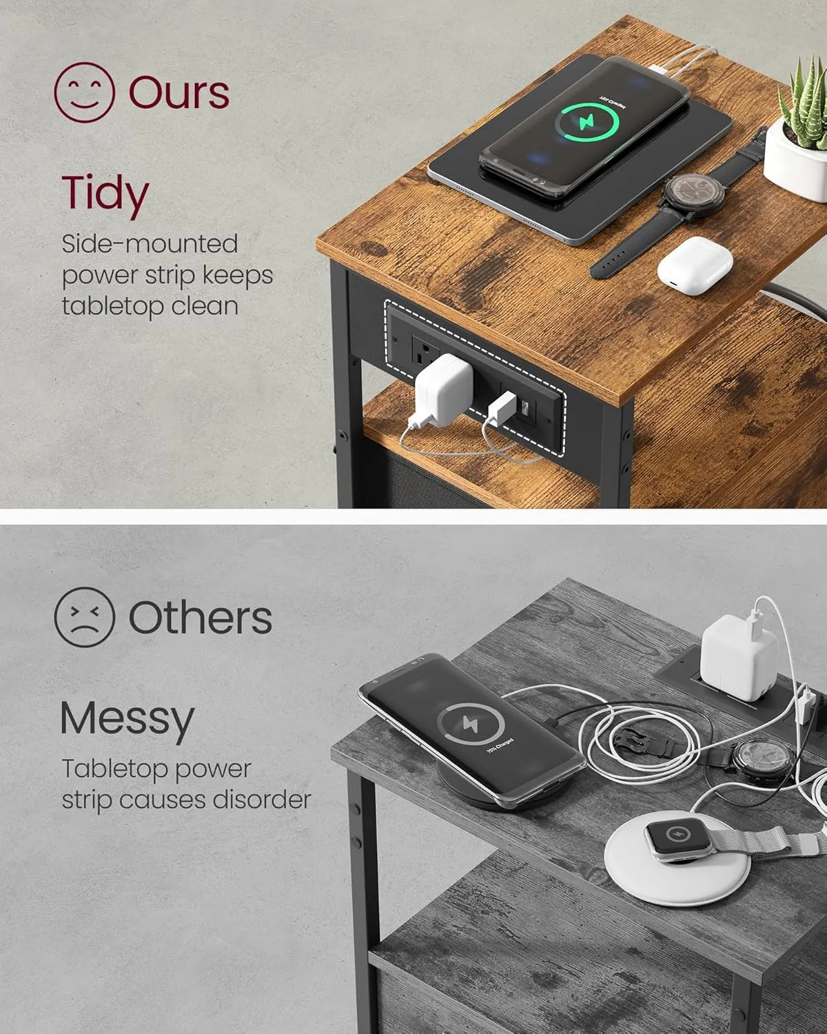 VASAGLE Nightstand with Charging Station, Night Stand, Side Table with 1 Drawer and 2 Open Shelves, Fabric Drawers with MDF Front, End Table, Rustic Brown and Classic Black ULGS026K01 - Image 4