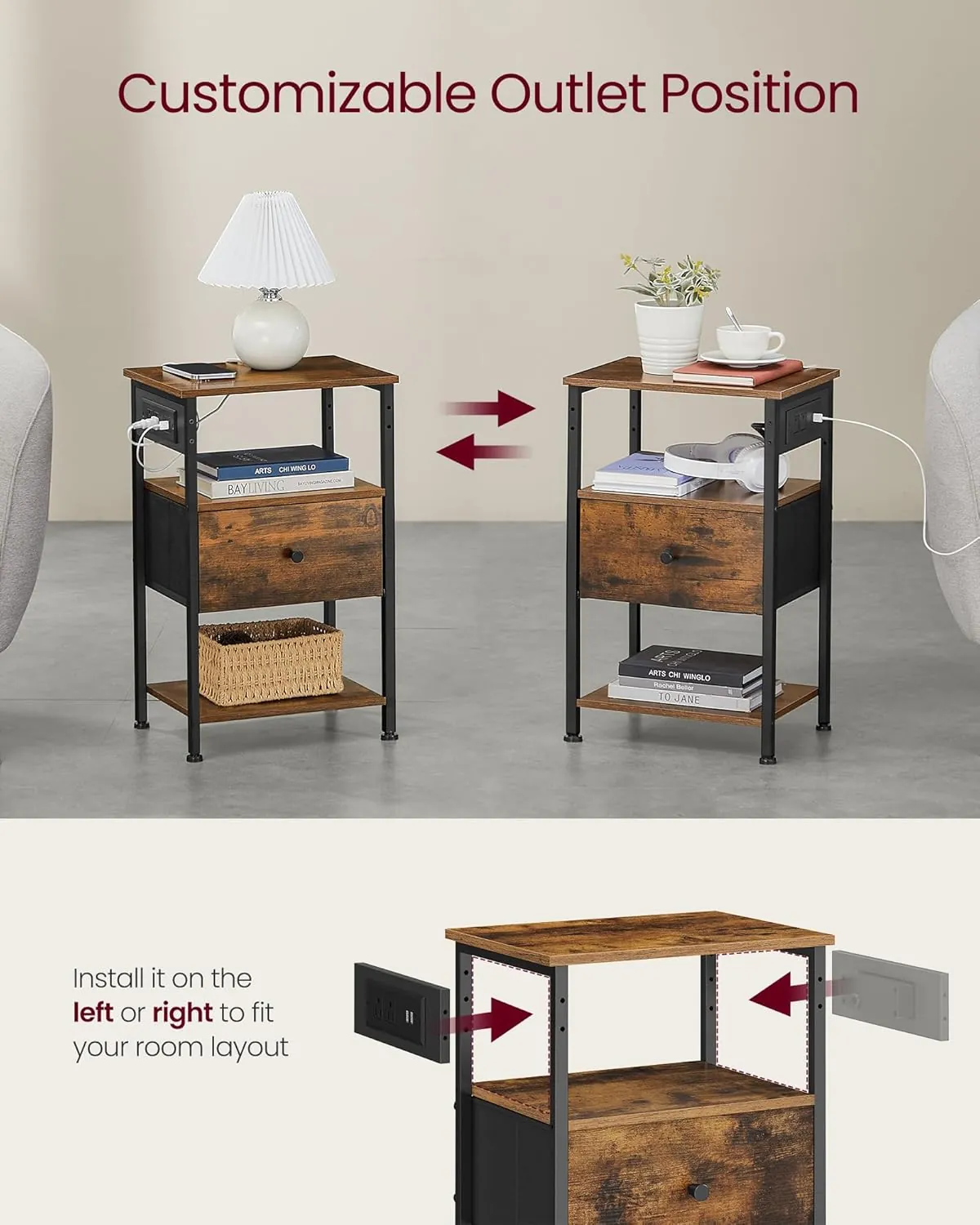 VASAGLE Nightstand with Charging Station, Night Stand, Side Table with 1 Drawer and 2 Open Shelves, Fabric Drawers with MDF Front, End Table, Rustic Brown and Classic Black ULGS026K01 - Image 5