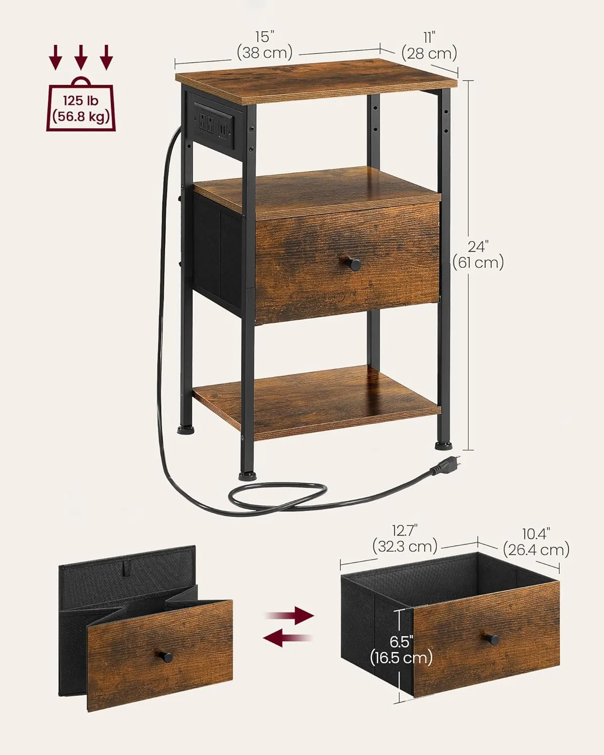 VASAGLE Nightstand with Charging Station, Night Stand, Side Table with 1 Drawer and 2 Open Shelves, Fabric Drawers with MDF Front, End Table, Rustic Brown and Classic Black ULGS026K01 - Image 6